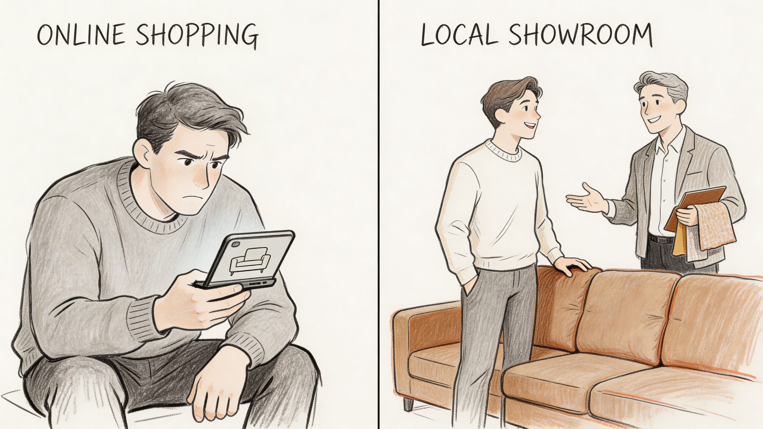 A split illustration comparing an unhappy man shopping for sofas online versus a happy customer at a showroom.