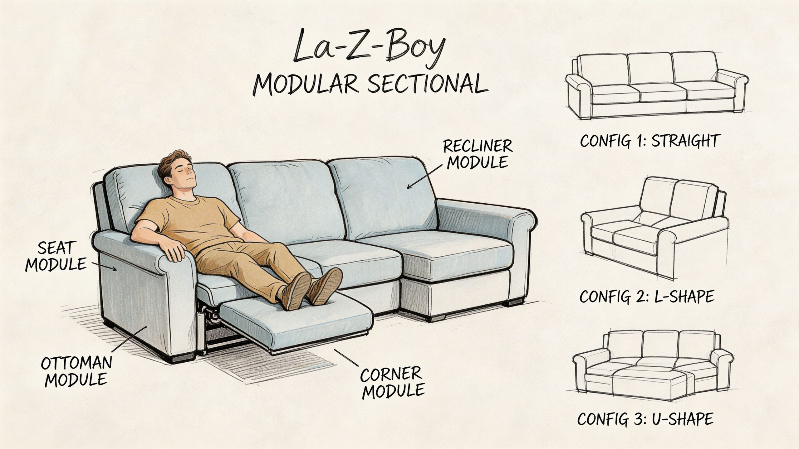 A diagram of a La-Z-Boy modular sectional sofa showing various customizable configurations and labeled seating components.