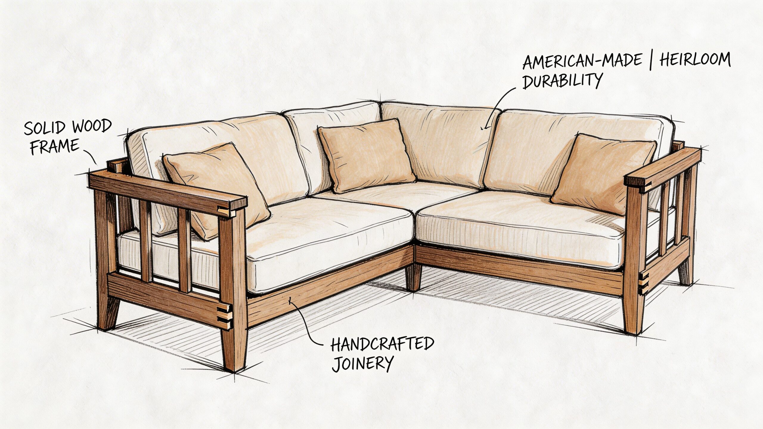 A hand-drawn sketch of an L-shaped wooden sectional sofa highlighting handcrafted joinery and solid frame construction.