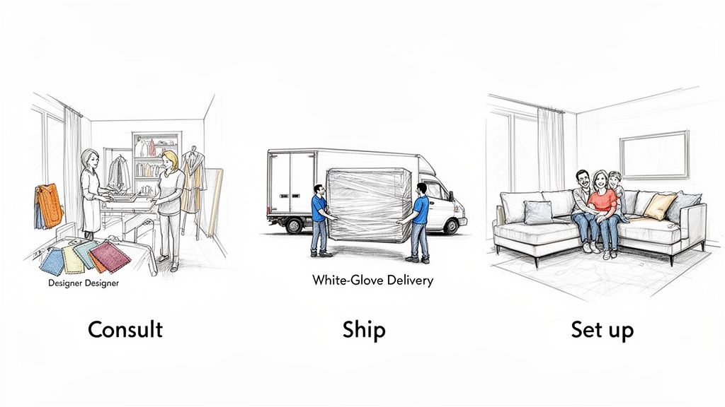 Three steps: Consult with designer, white-glove delivery, and family enjoying new furniture setup.