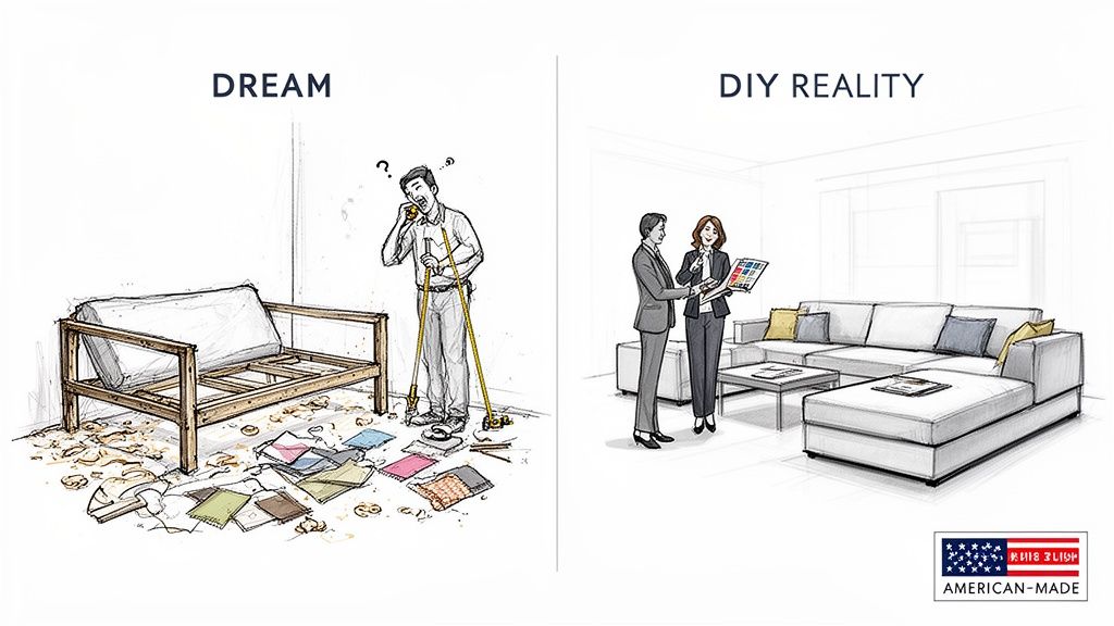 Comparison of a messy DIY sofa project with a professionally designed and built sectional.