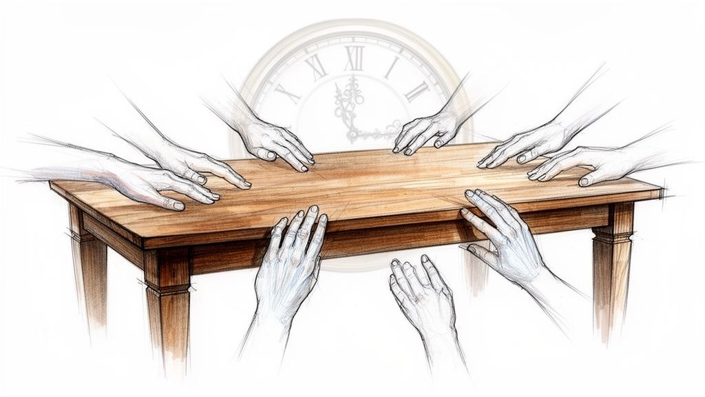 A conceptual sketch showing several hands reaching out towards a wooden table with a clock behind.