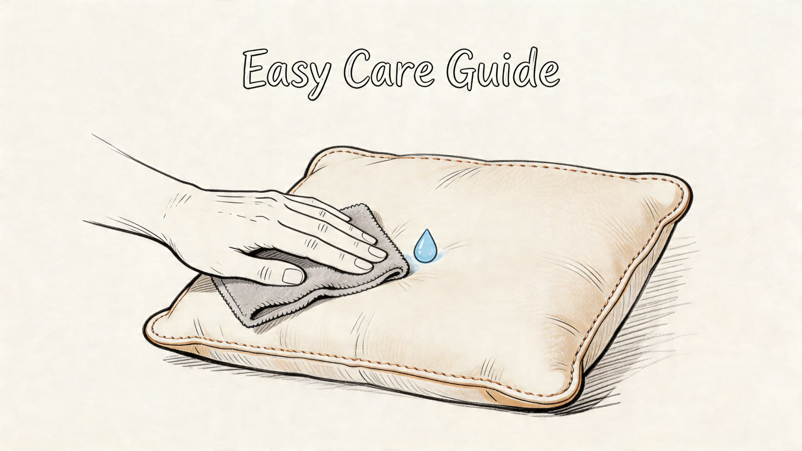 A hand cleaning a beige faux leather decorative pillow with a grey cloth and a water drop.