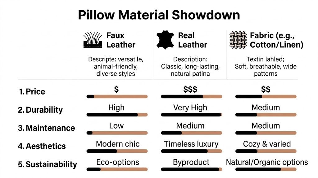 A comparison chart showing features like price, durability, and maintenance for faux leather, real leather, and fabric pillows.