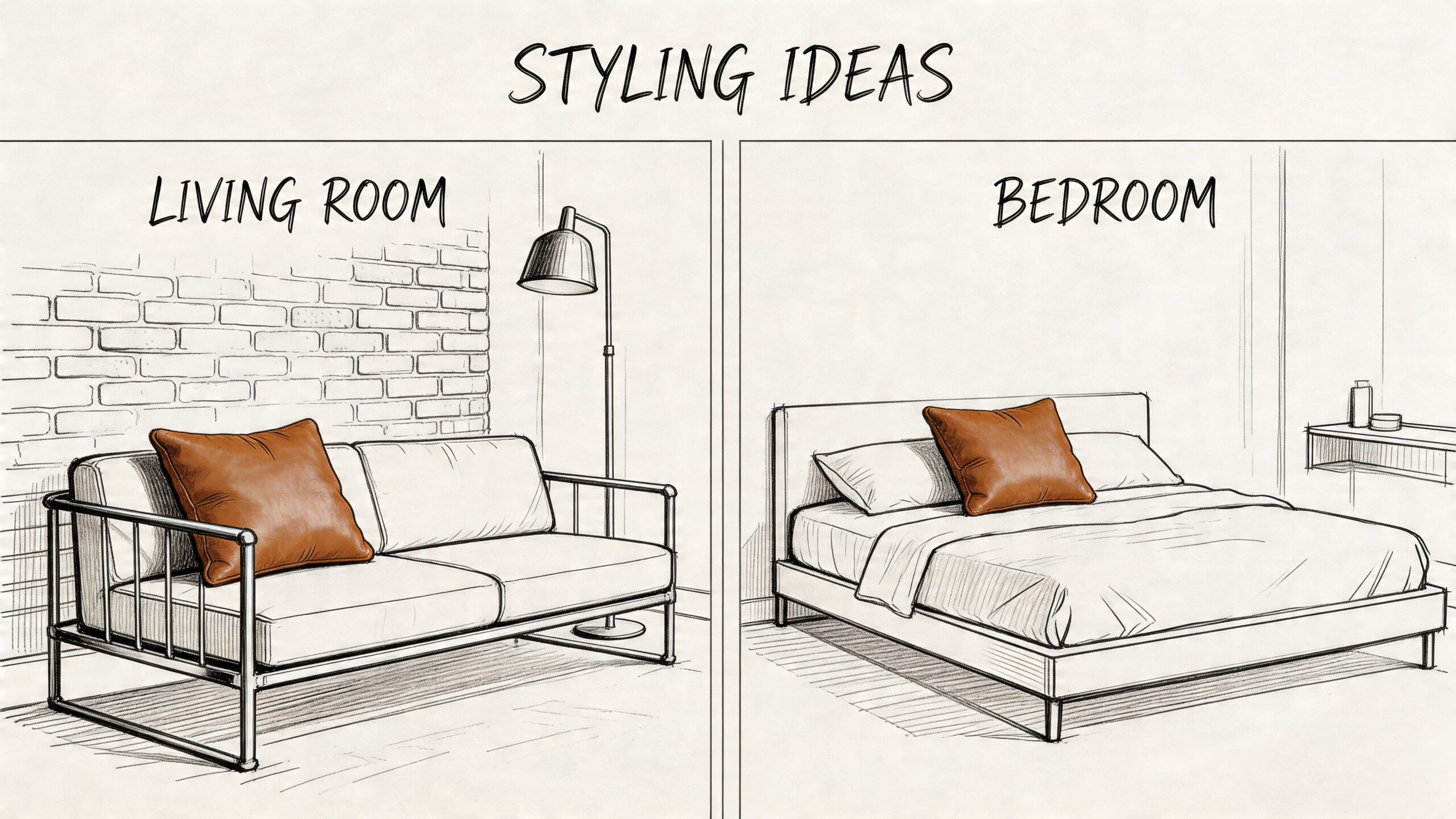 A hand-drawn sketch showing faux leather decorative pillows styled on a modern sofa and a bed.