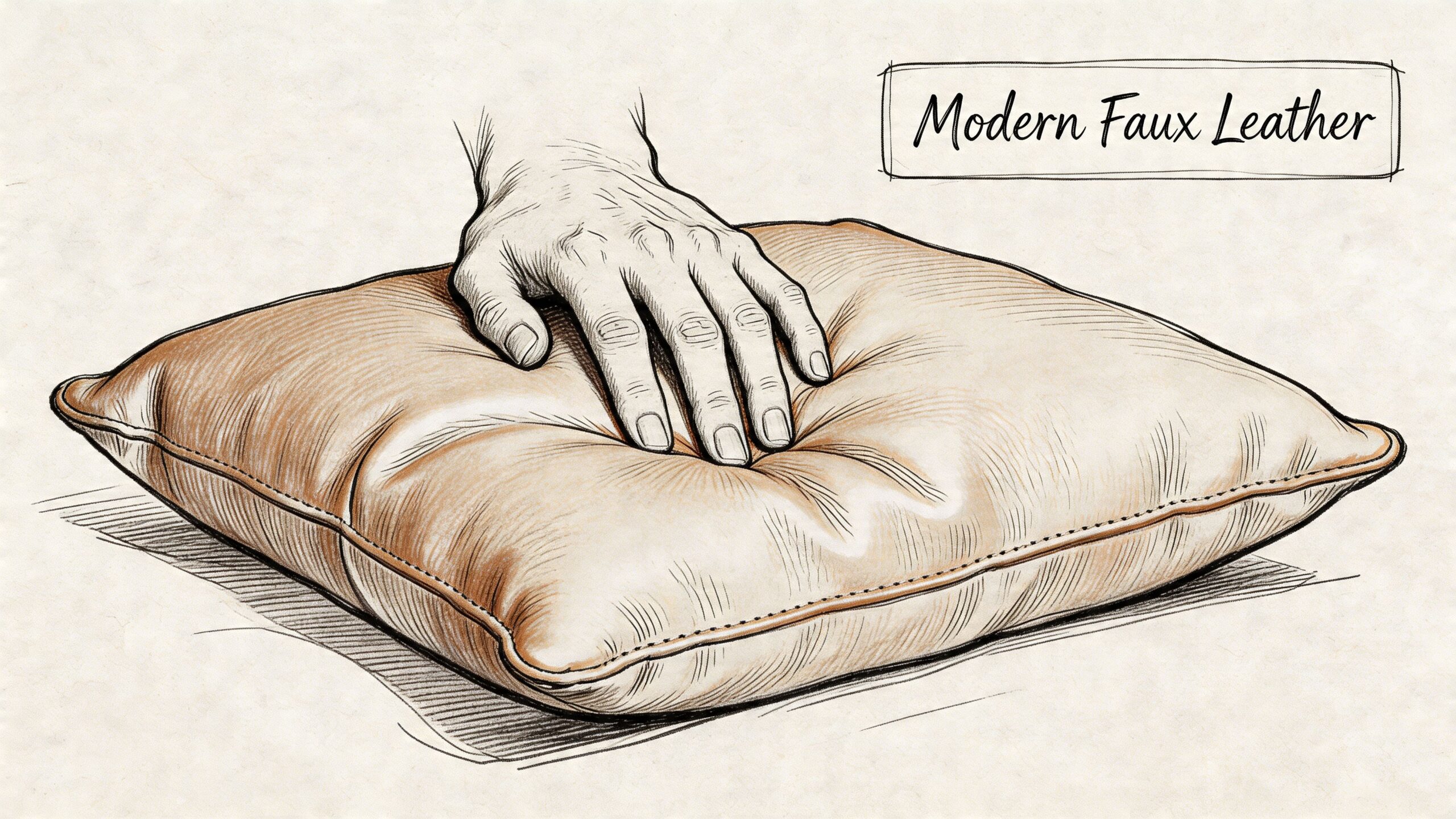 A hand pressing down on a plush, tan-colored modern faux leather decorative pillow on a flat surface.