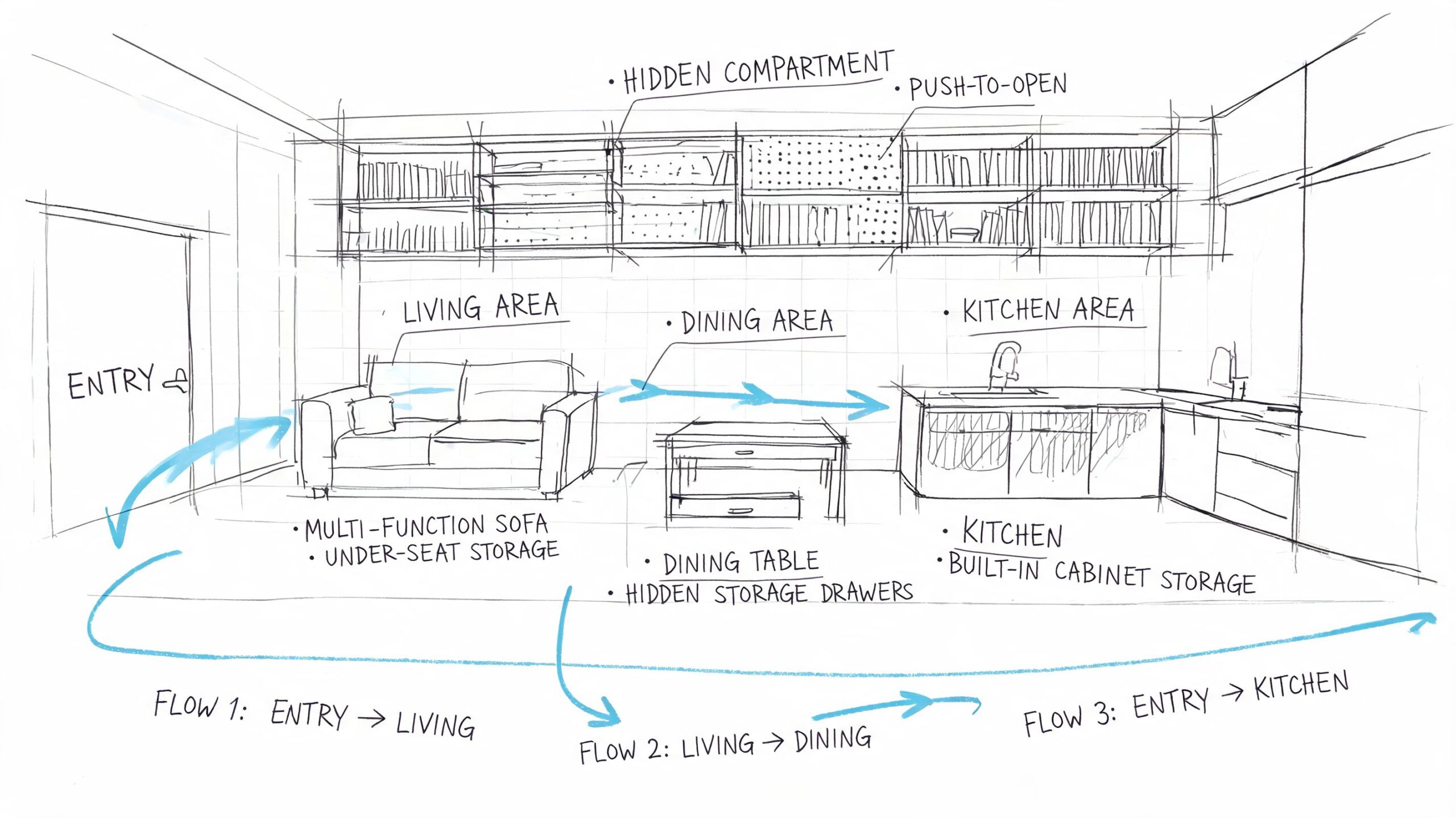 A hand-drawn interior floor plan sketch showing the flow between living, dining, and kitchen areas.