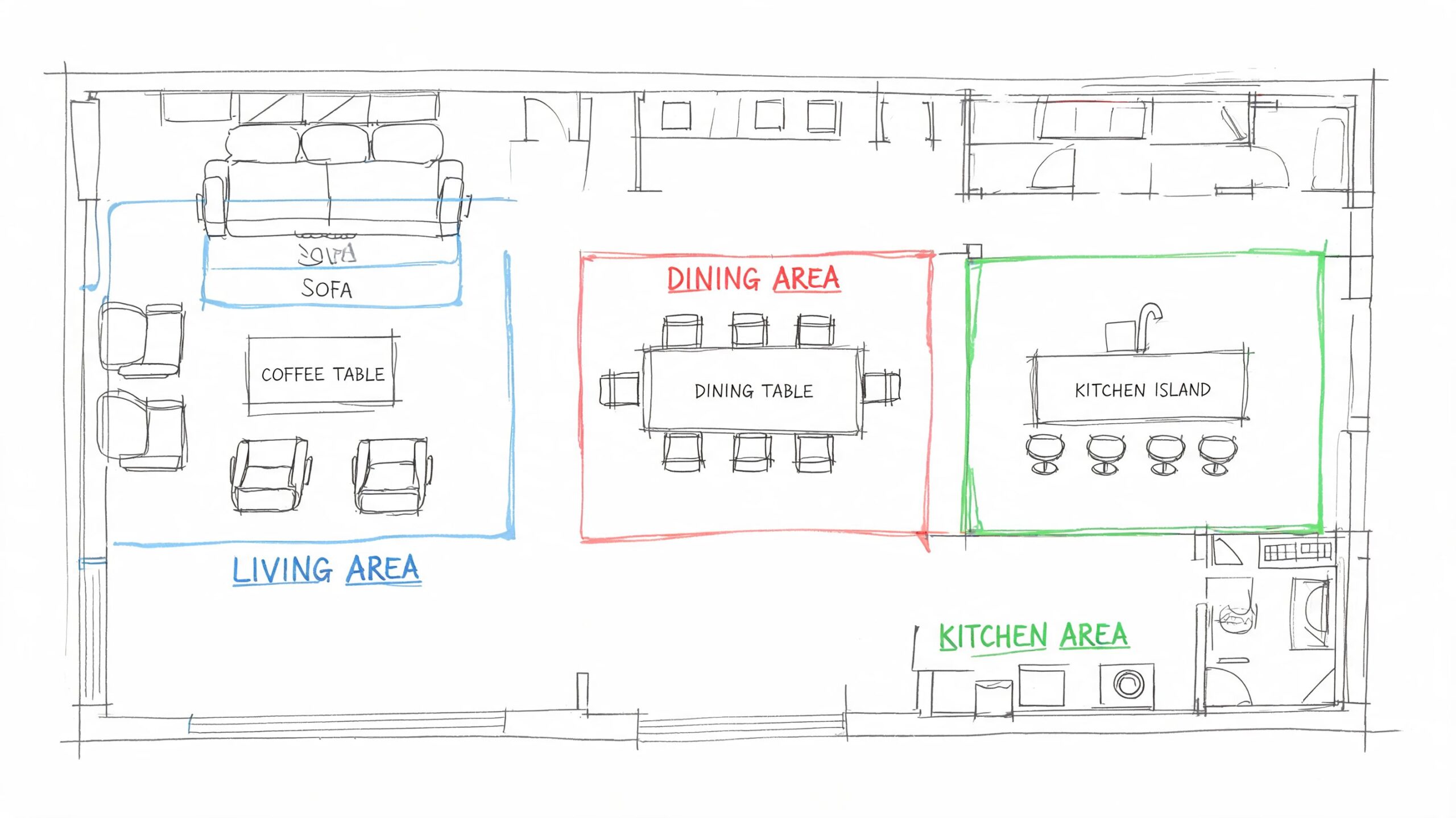 A hand-drawn architectural floor plan showing an open concept layout with living, dining, and kitchen areas.