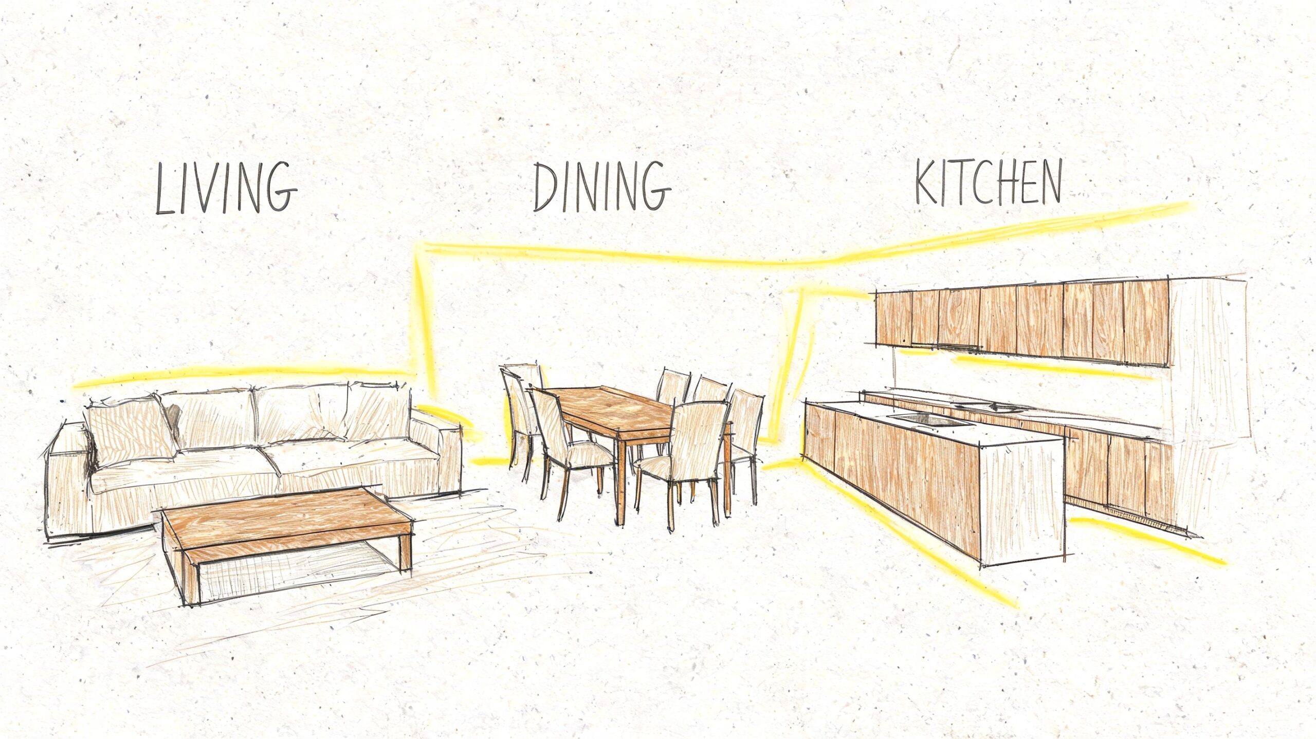 A hand-drawn sketch of an open floor plan showing a living area, dining set, and modern kitchen.