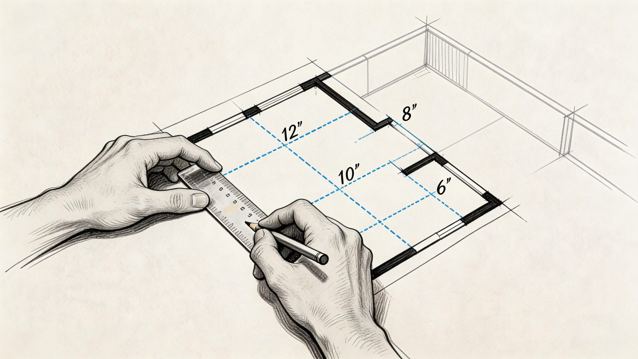 A person using a ruler and pencil to draw a floor plan on a piece of paper.