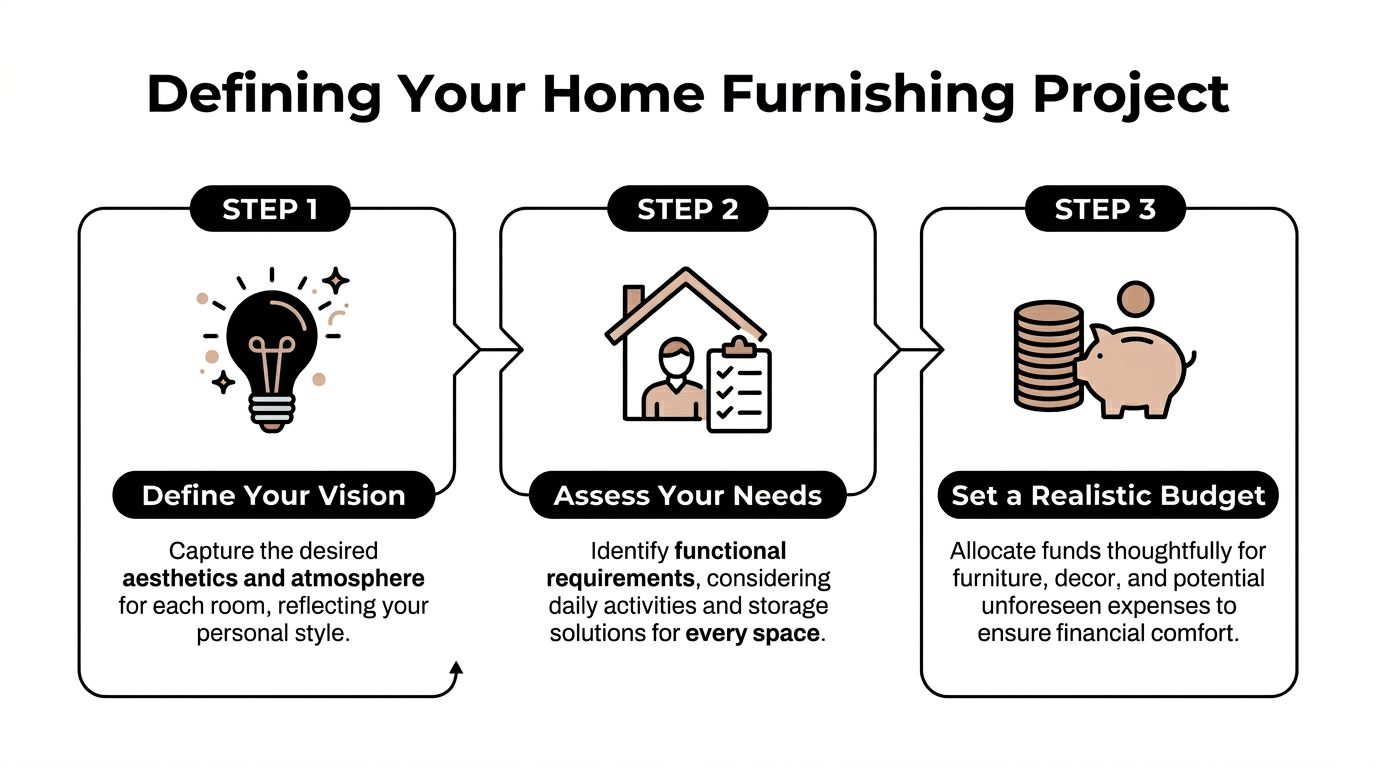 A three-step infographic titled Defining Your Home Furnishing Project showing a process for home renovation and interior design.