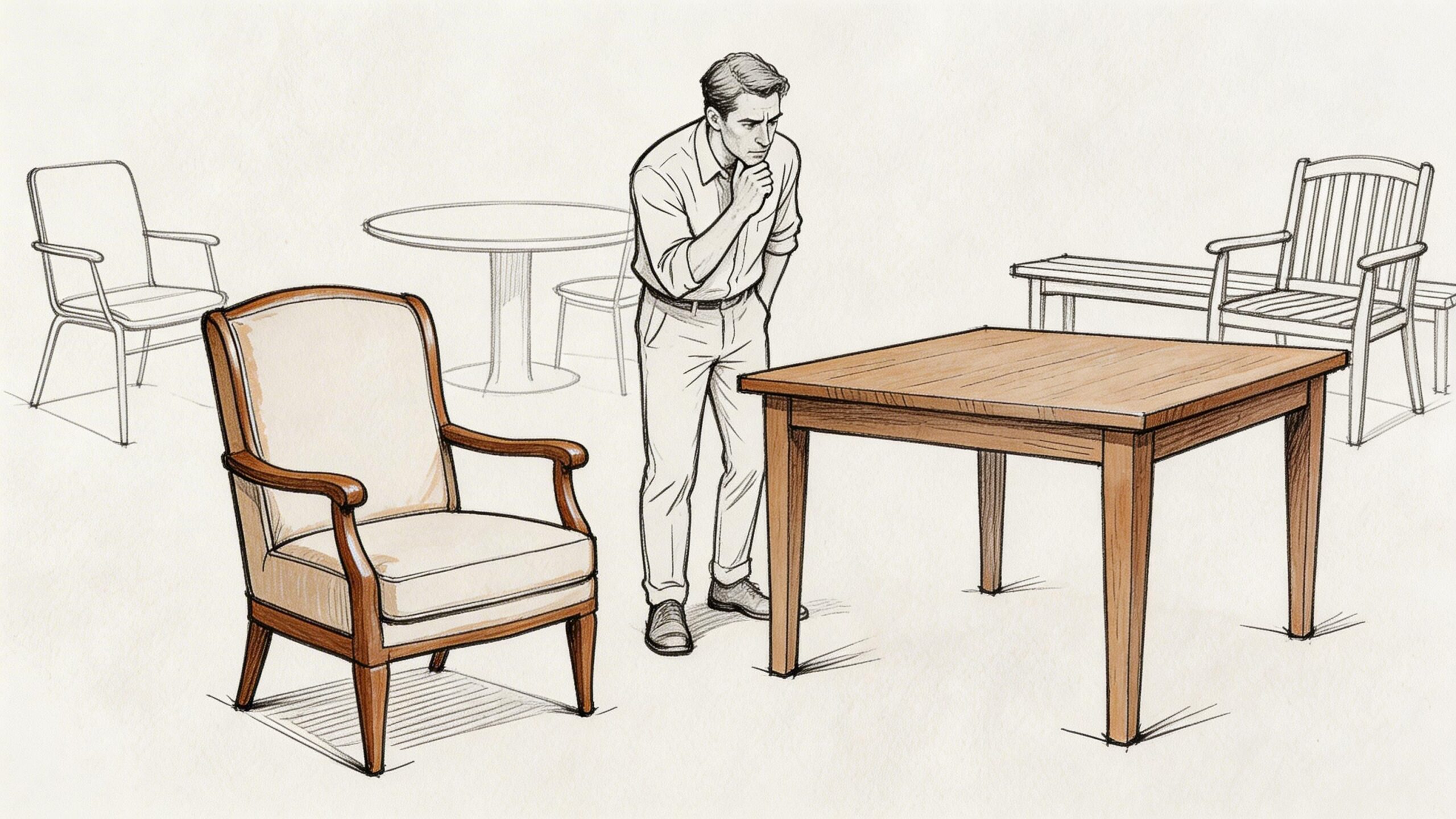 A man thoughtfully examining a wooden table and armchair while planning his new home interior design.