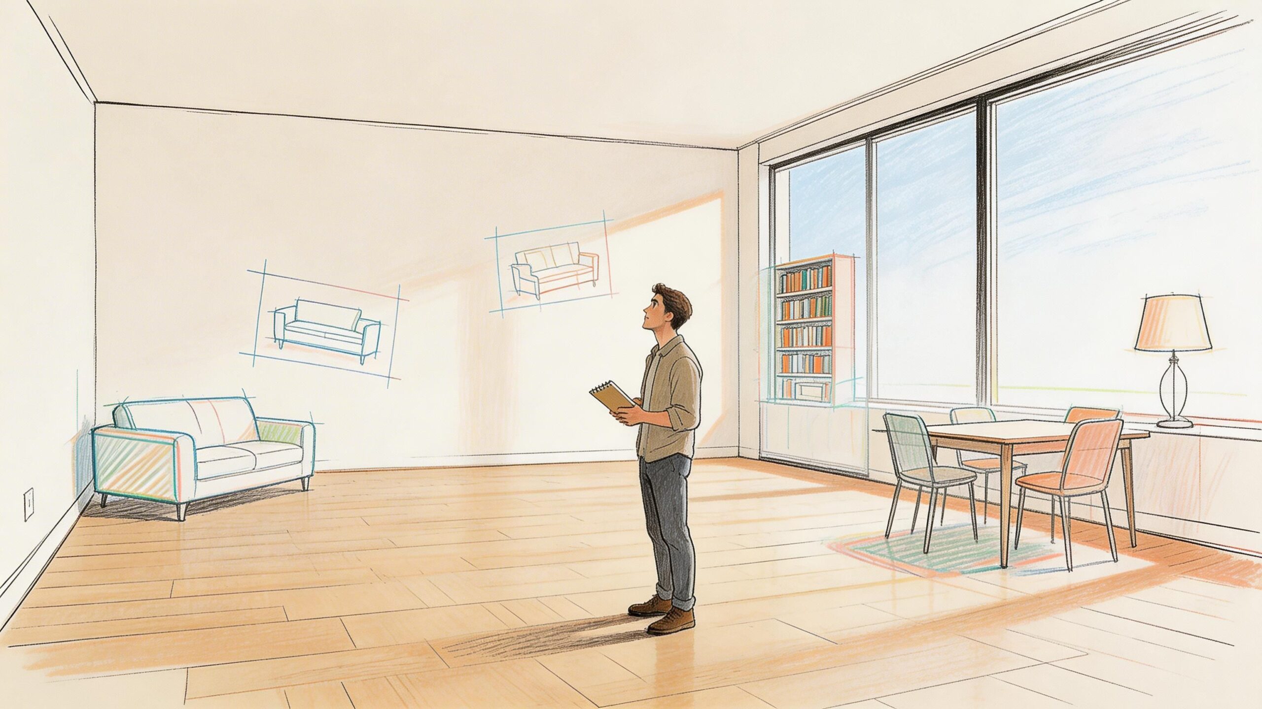 An interior designer planning the layout of a modern living room by looking at wall sketches.