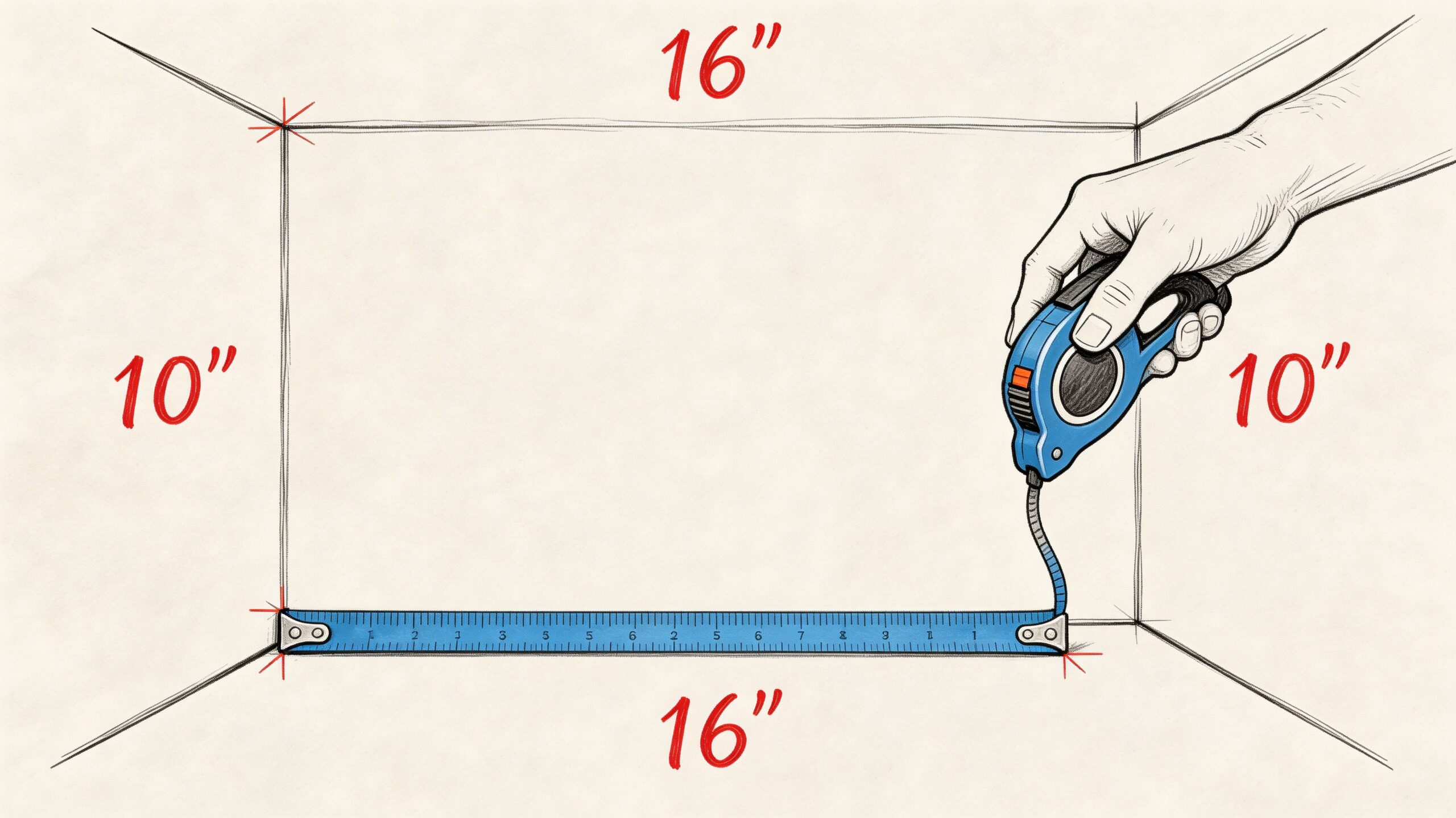 A hand holds a measuring tape across a rectangular space with dimensions labeled as sixteen and ten inches.