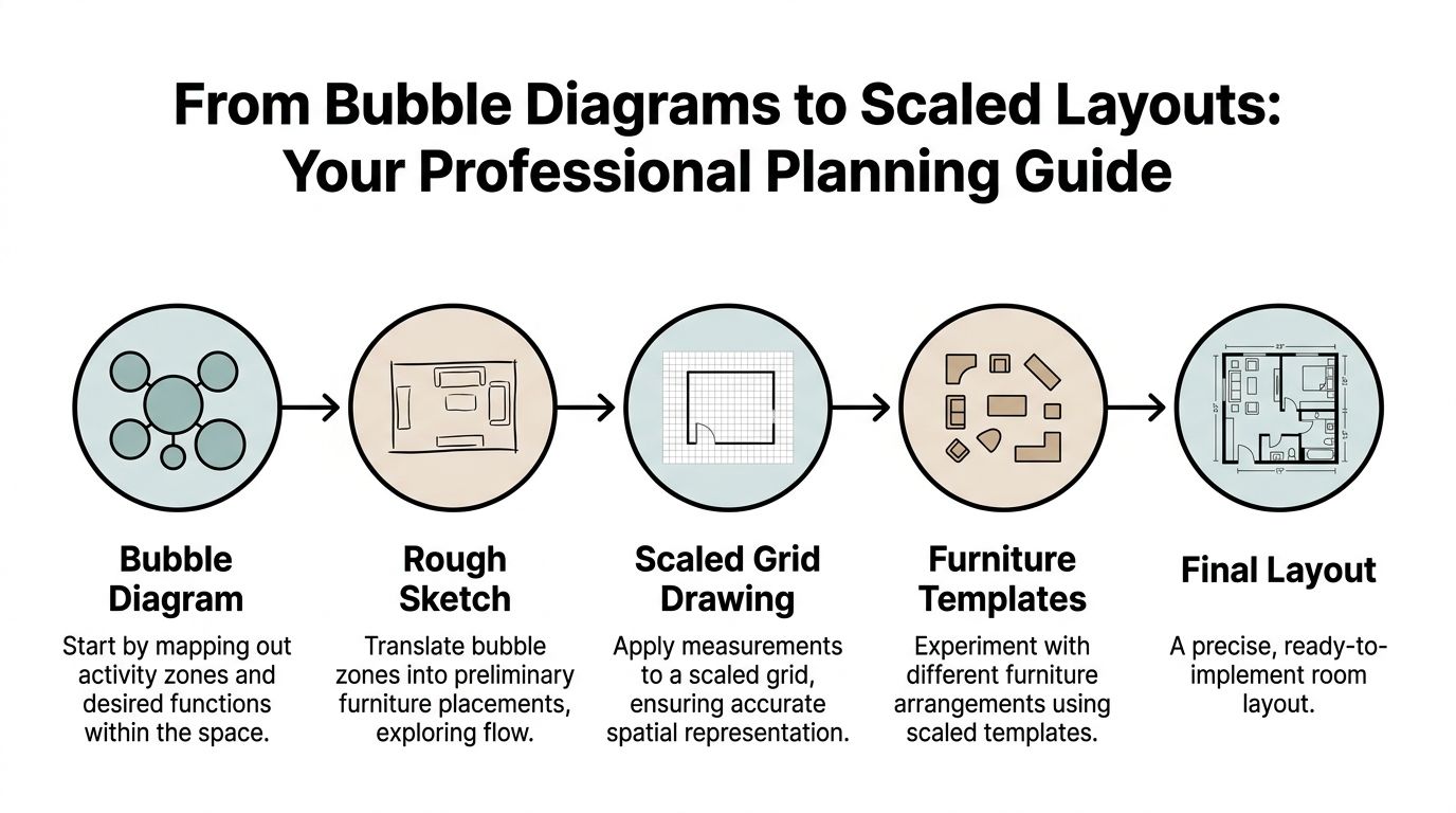 An infographic showing the five steps of the room planning process from bubble diagrams to final layout.