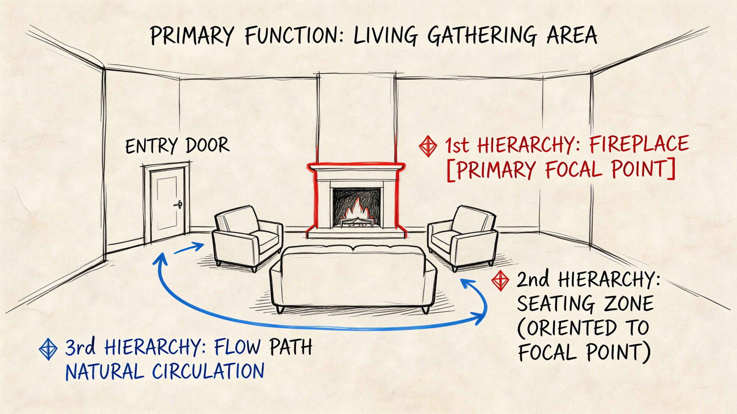 A hand-drawn illustration showing the hierarchical organization of a living room layout including furniture placement and circulation.