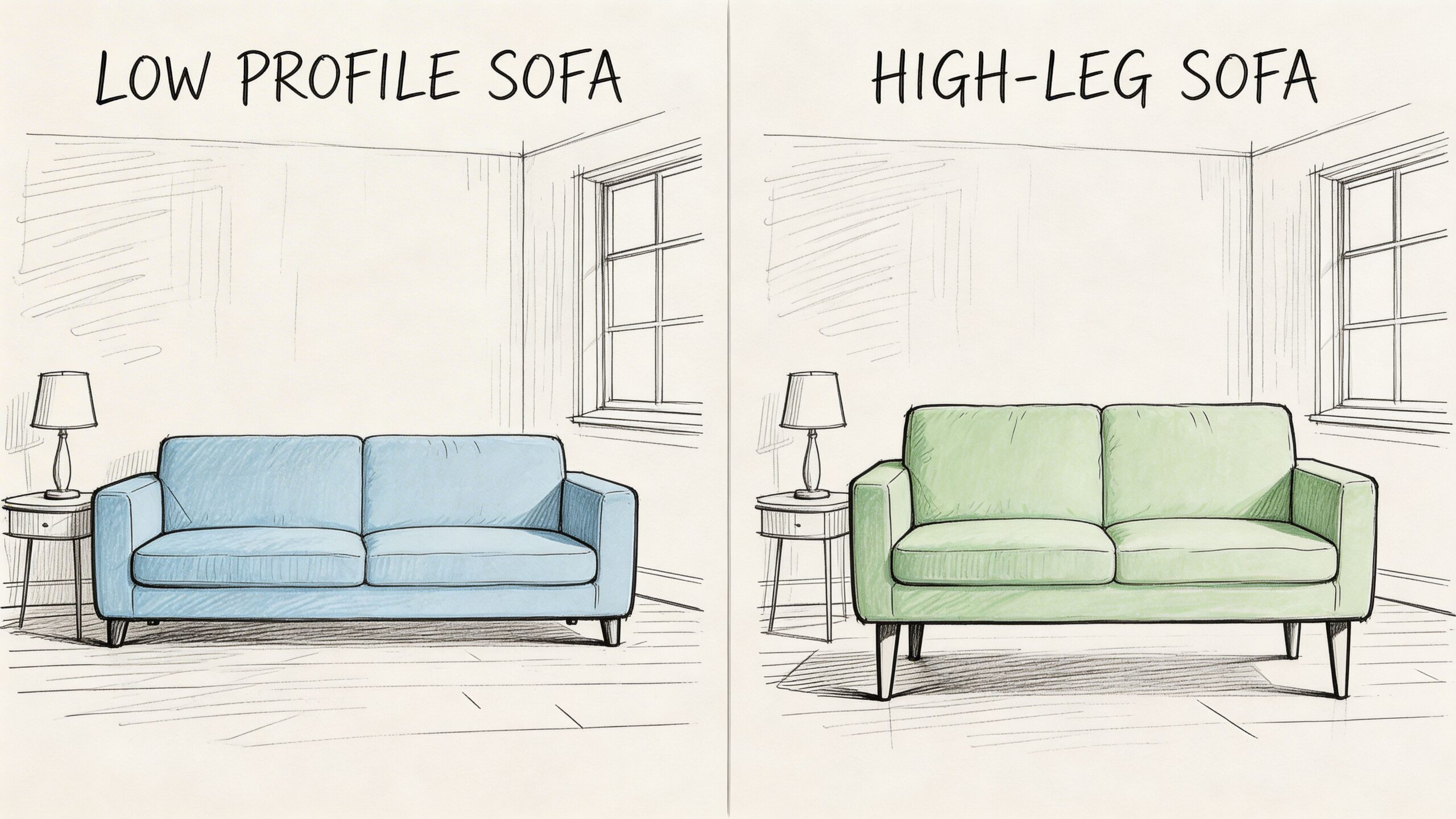 A split image showing the difference between a low profile sofa and a high-leg sofa design.