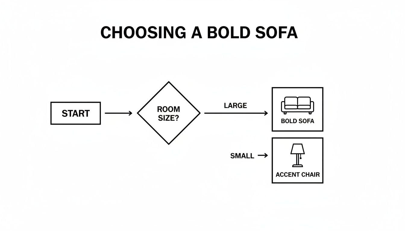 A flowchart guiding users to choose a bold sofa for large rooms or an accent chair for small rooms.
