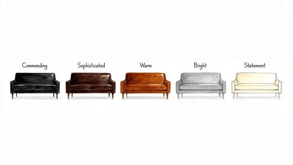 A row of five leather sofas in black, brown, tan, gray, and cream, each with a style label.