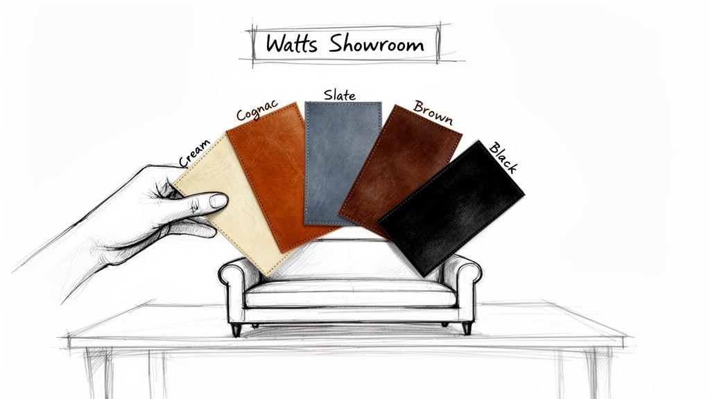 Hand showing five leather color samples (cream, cognac, slate, brown, black) above a sofa sketch in Watts Showroom.