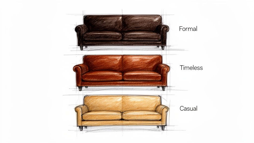 Sketches of three leather sofas: dark brown formal, reddish-brown timeless, and light brown casual.