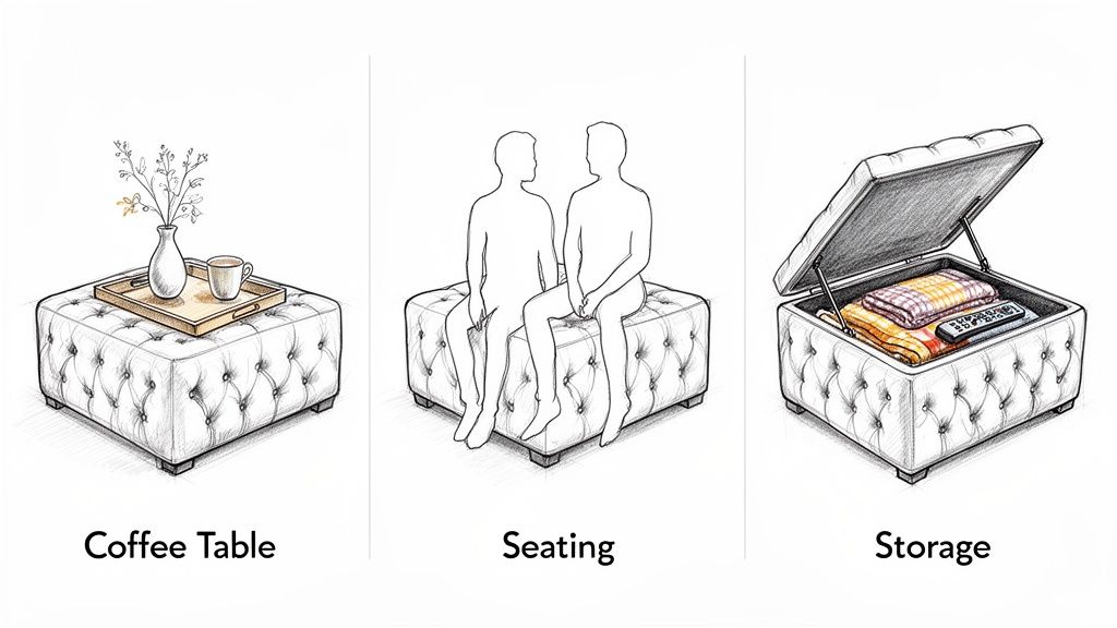 Three illustrations demonstrate a tufted ottoman used as a coffee table, for seating, and for storage.