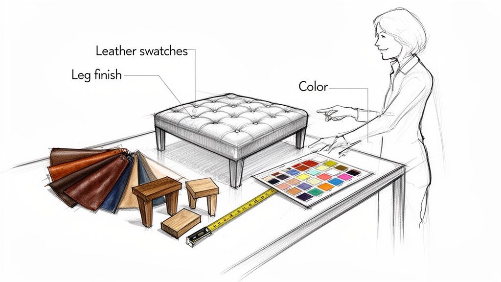 A sketch of a person customizing a tufted ottoman with leather swatches, leg finishes, and a color palette.