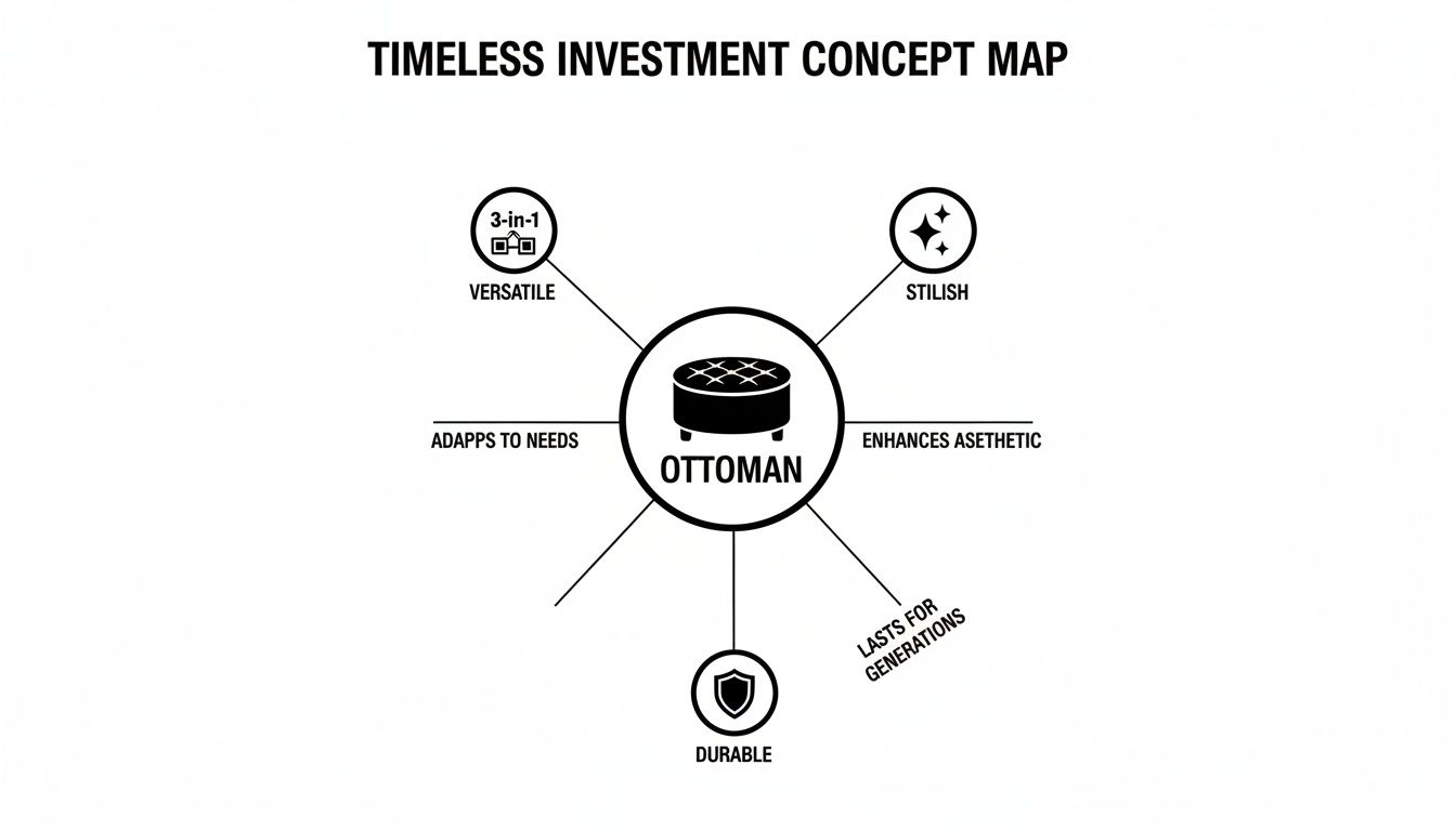 A concept map showing an ottoman as a timeless investment, highlighting its versatility, style, and durability.
