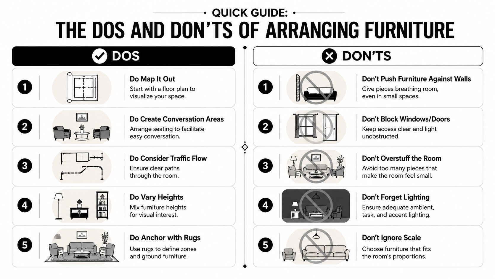 A quick guide displaying a checklist of five dos and five don'ts for arranging furniture in a home.