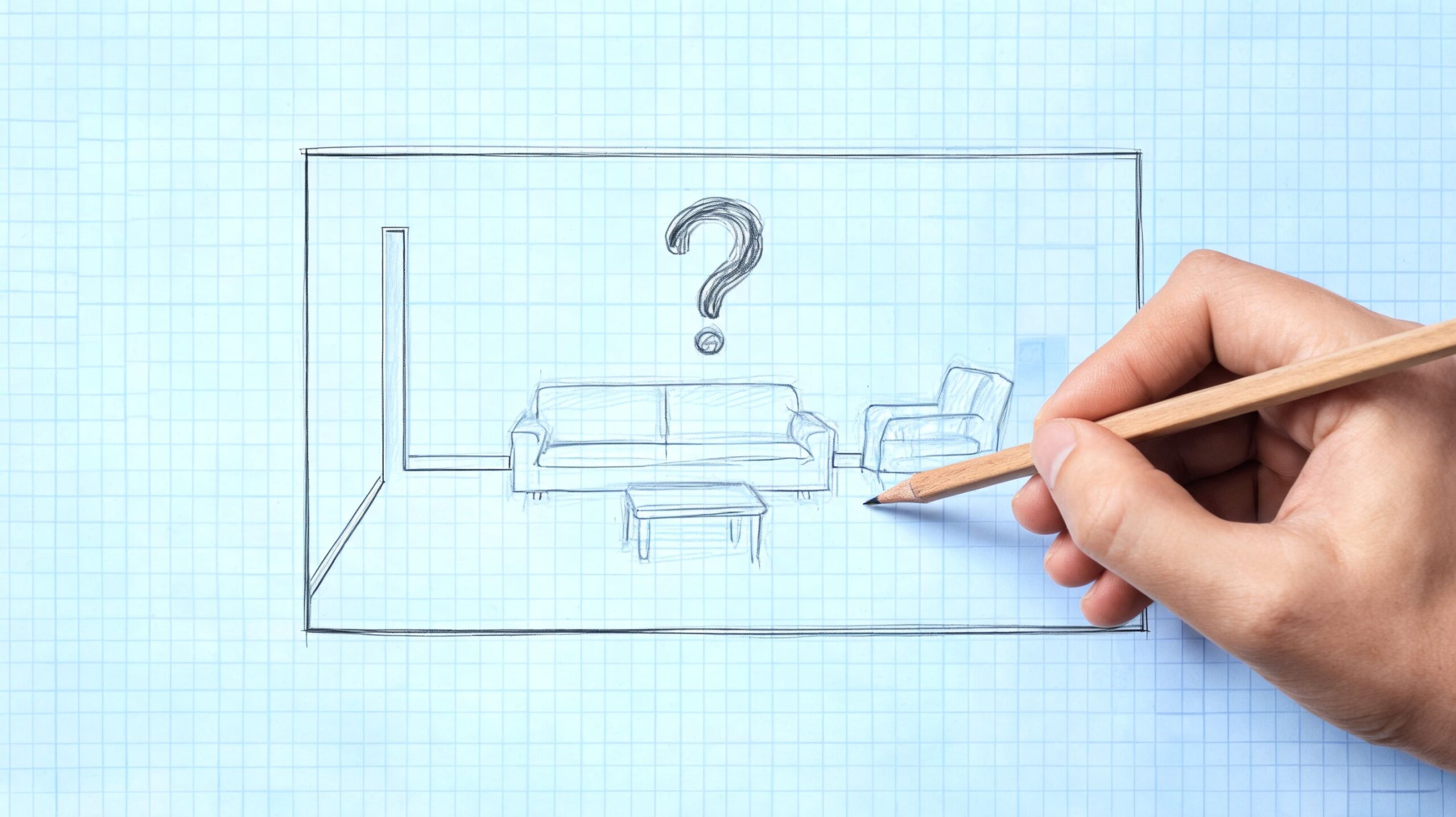 A hand sketching furniture arrangement ideas for a living room design on a sheet of graph paper.