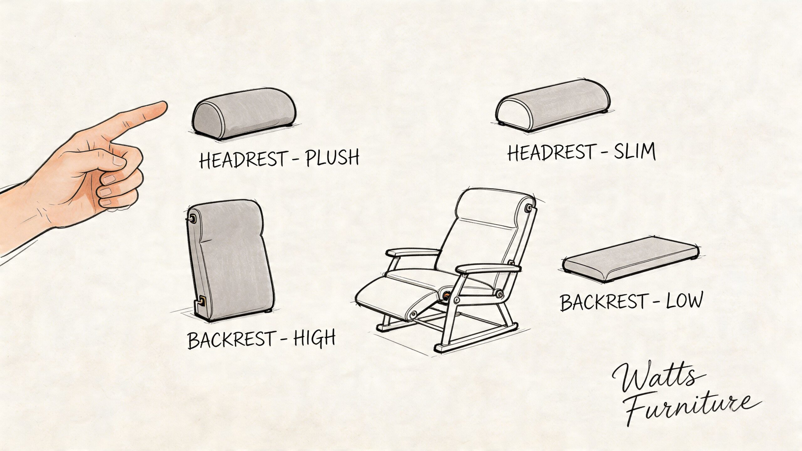 A digital illustration showing interchangeable headrest and backrest components for customizable Watts Furniture recliner chairs.
