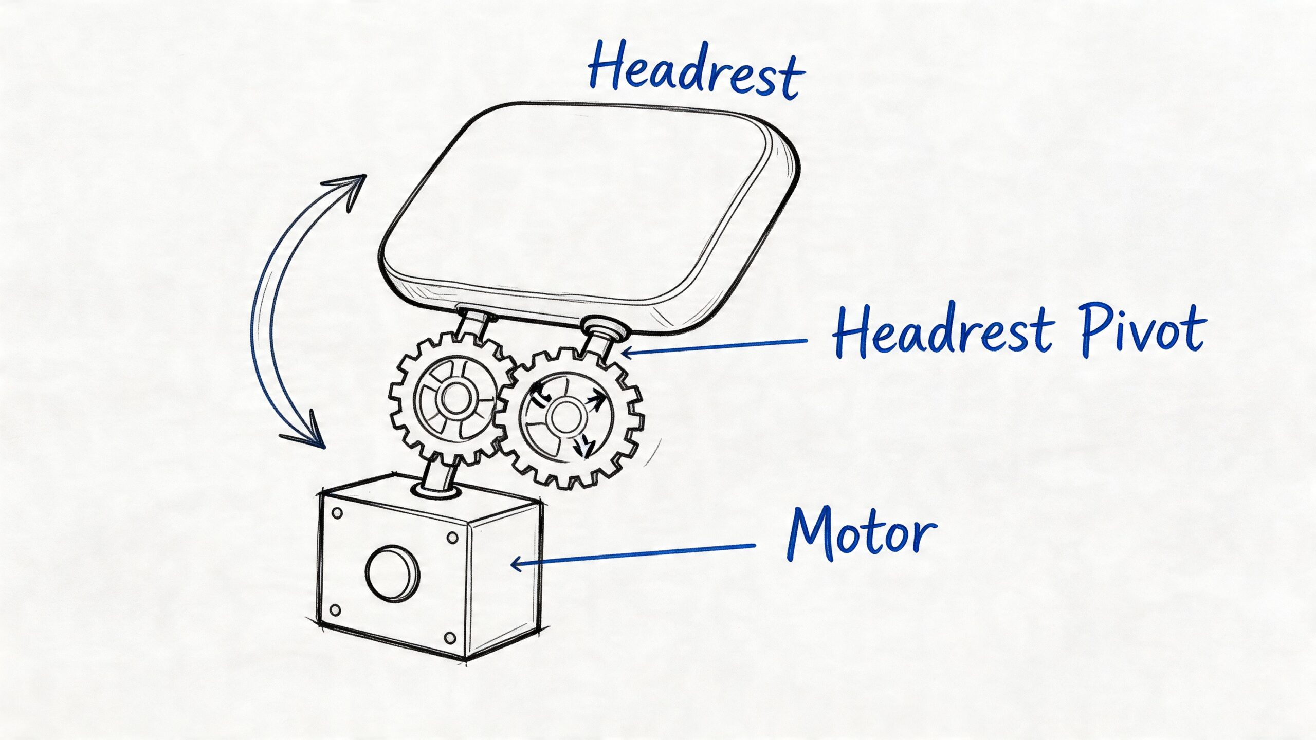A technical sketch illustrating the mechanical components of a power headrest for a motorized recliner chair.
