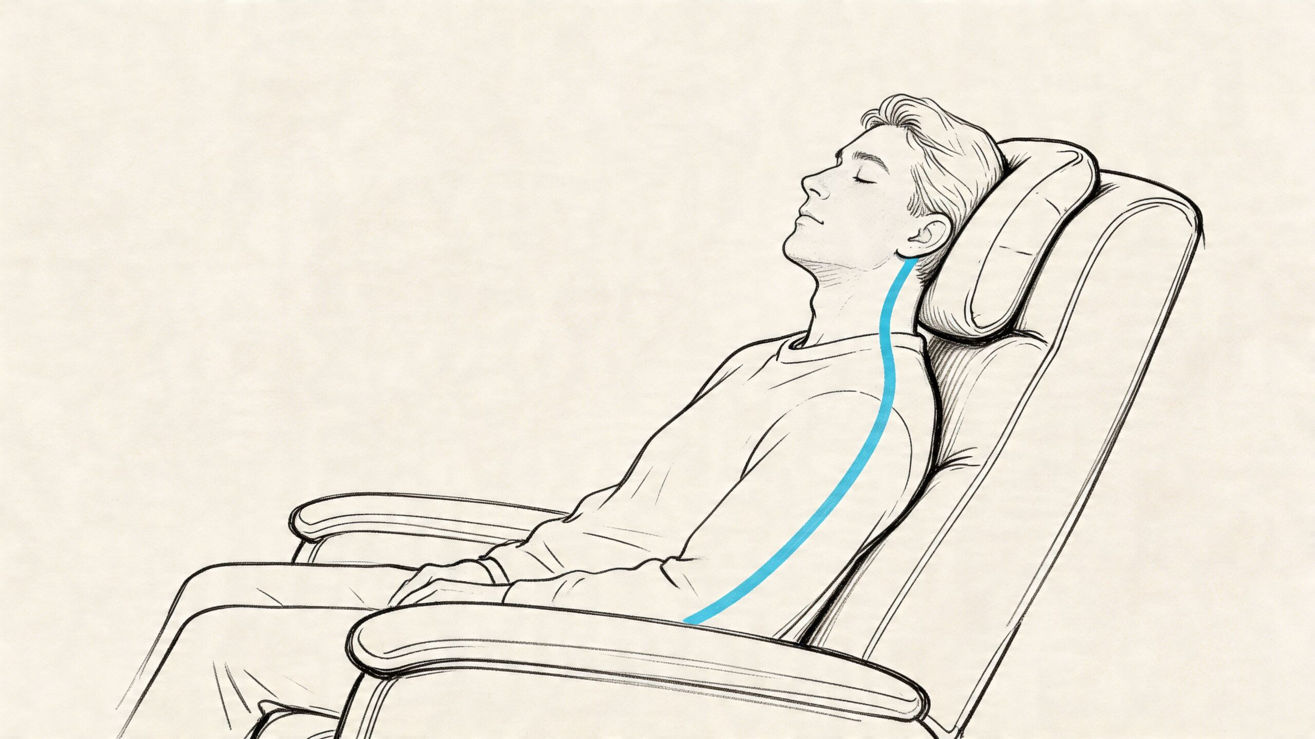 A line drawing of a man relaxing in a comfortable recliner chair with a supportive headrest.