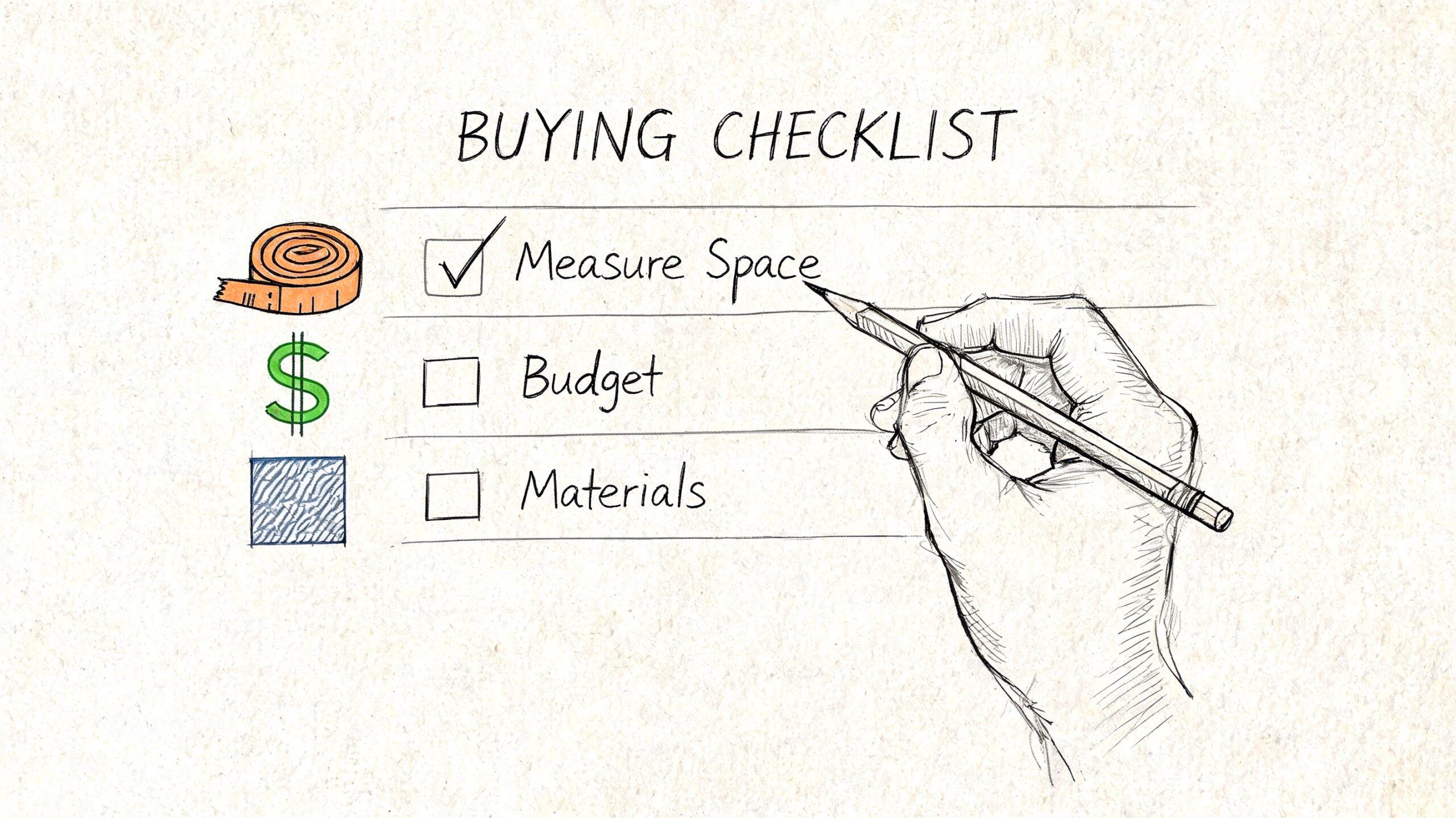 A hand holding a pencil checking off a buying checklist with steps including measure space, budget, and materials.