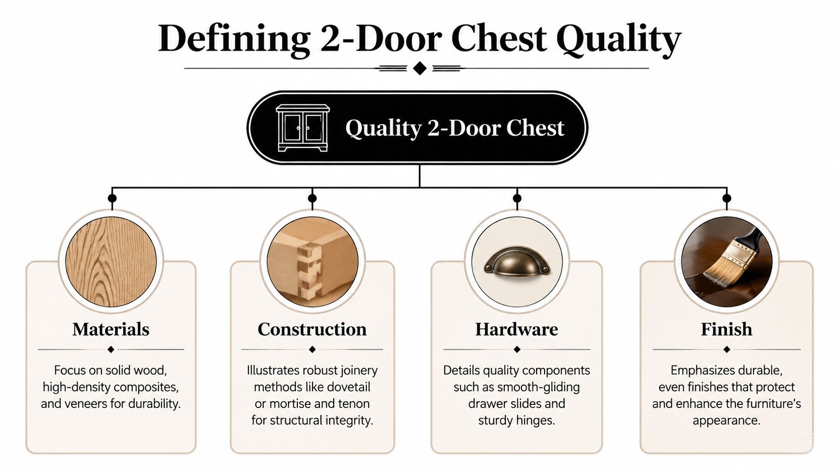 A diagram outlining the four key quality factors for a 2-door chest: materials, construction, hardware, and finish.