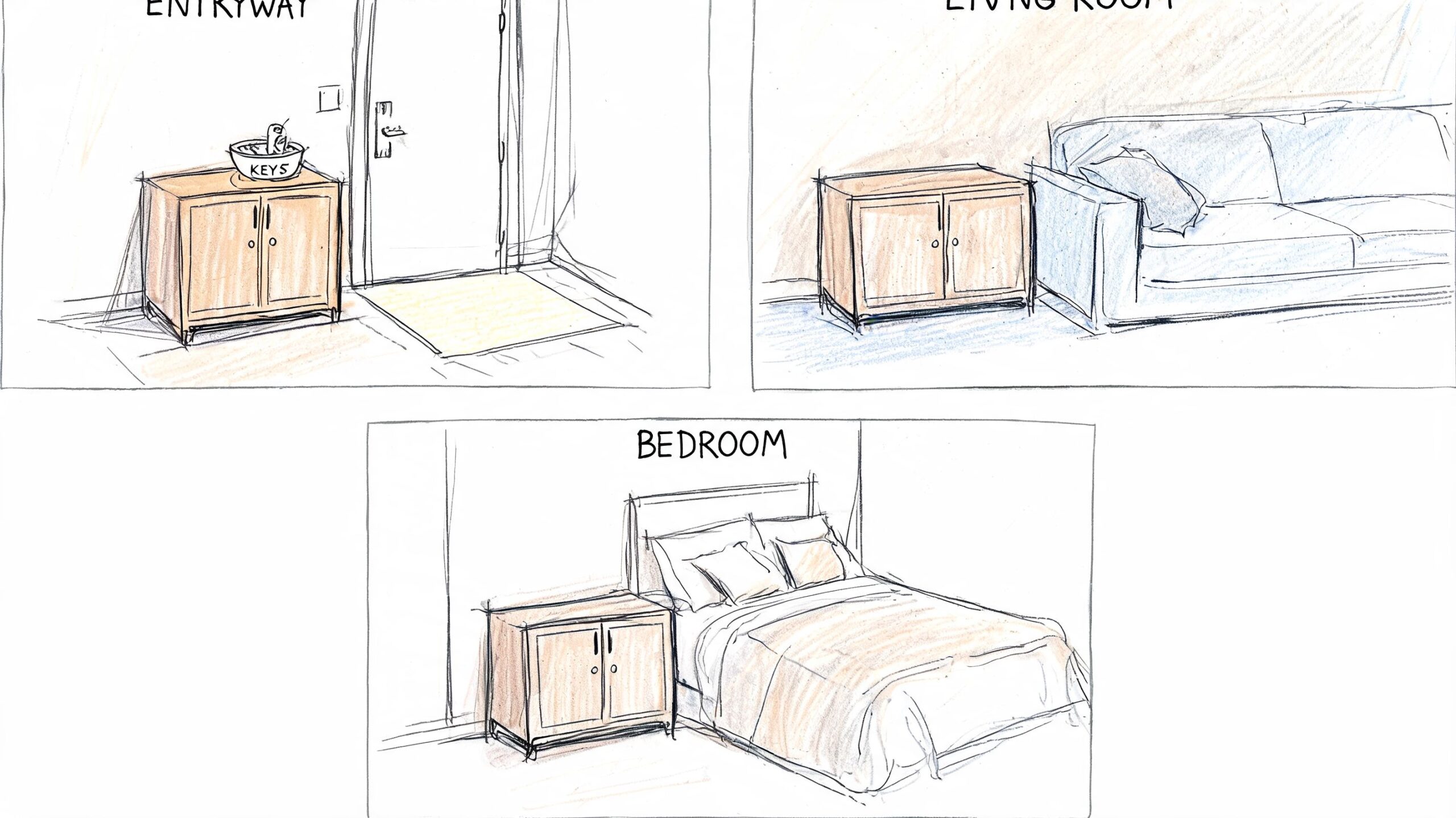 A hand-drawn illustration showing the same two-door chest used in an entryway, living room, and bedroom.
