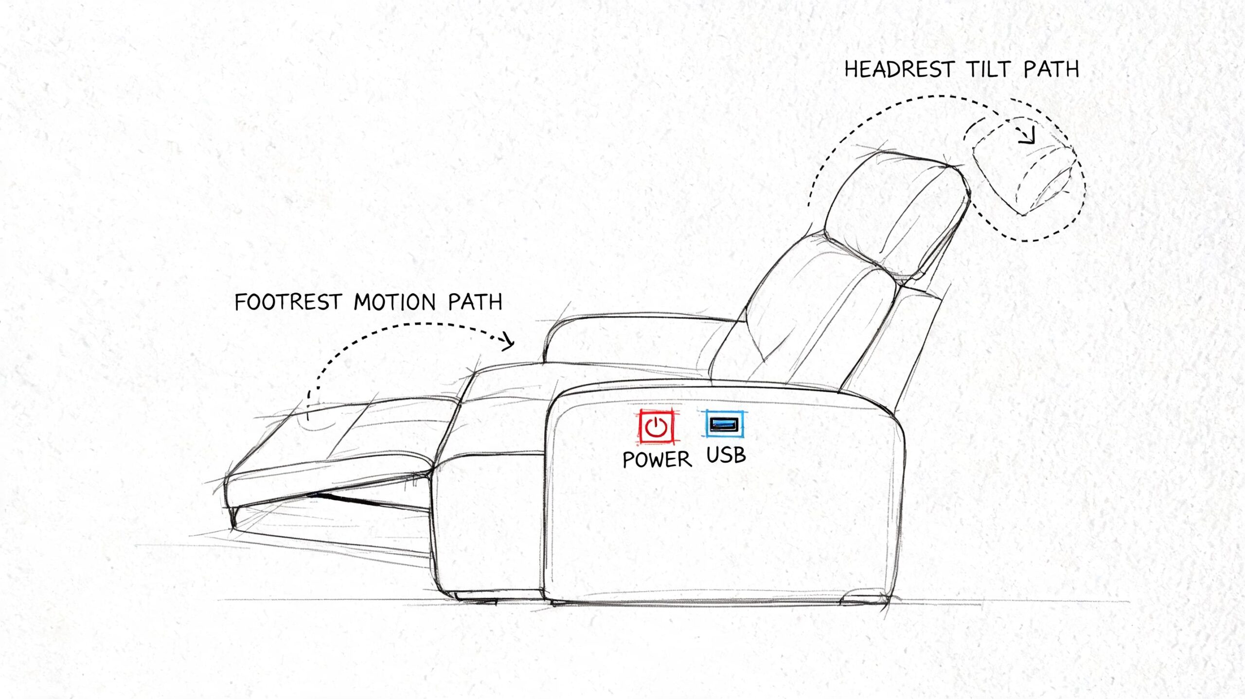 A technical sketch of a reclining chair showing the motion paths for the footrest and adjustable headrest.
