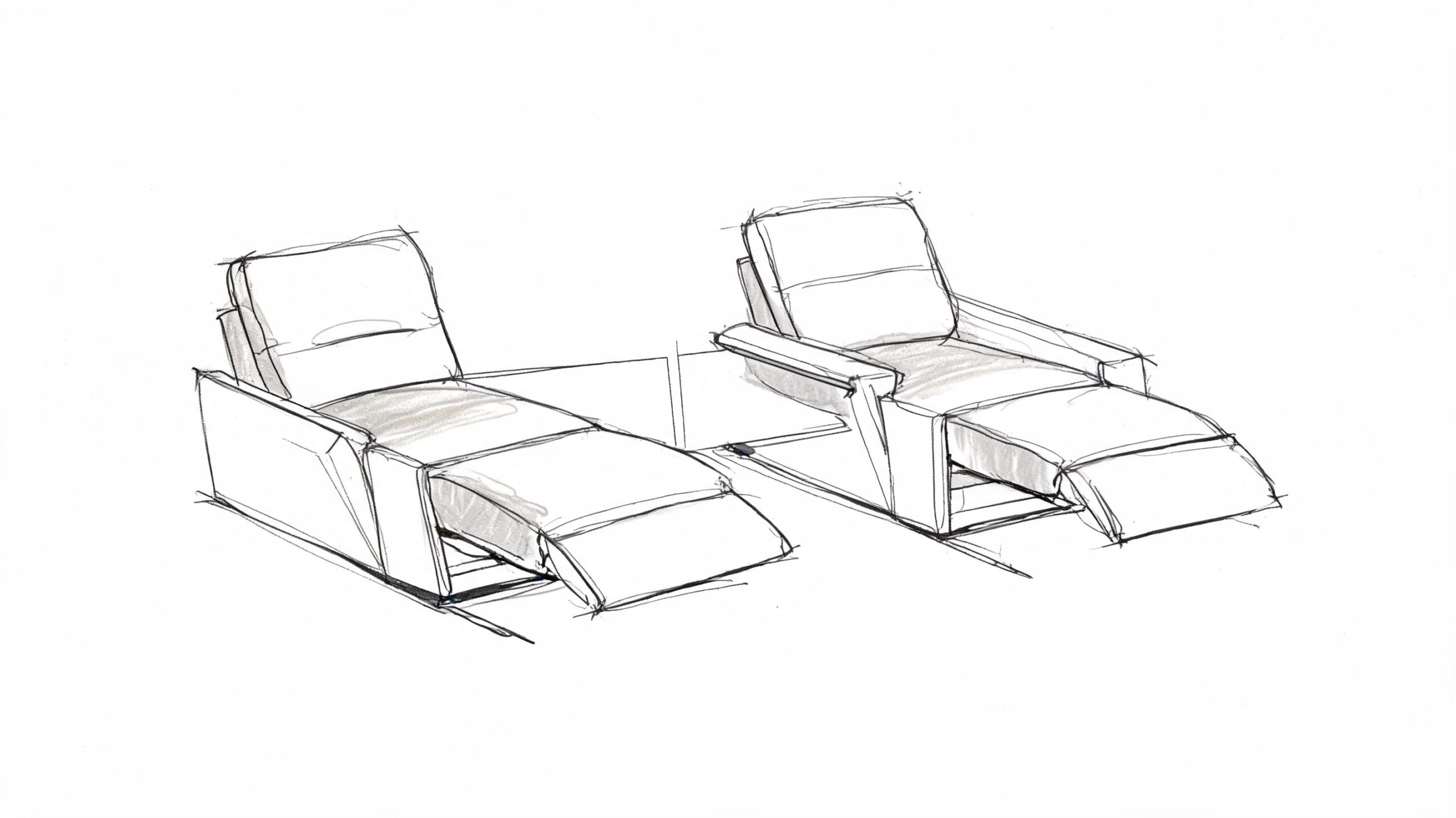 A minimalist pencil sketch showing two modern reclining armchairs placed side by side for a sectional arrangement.