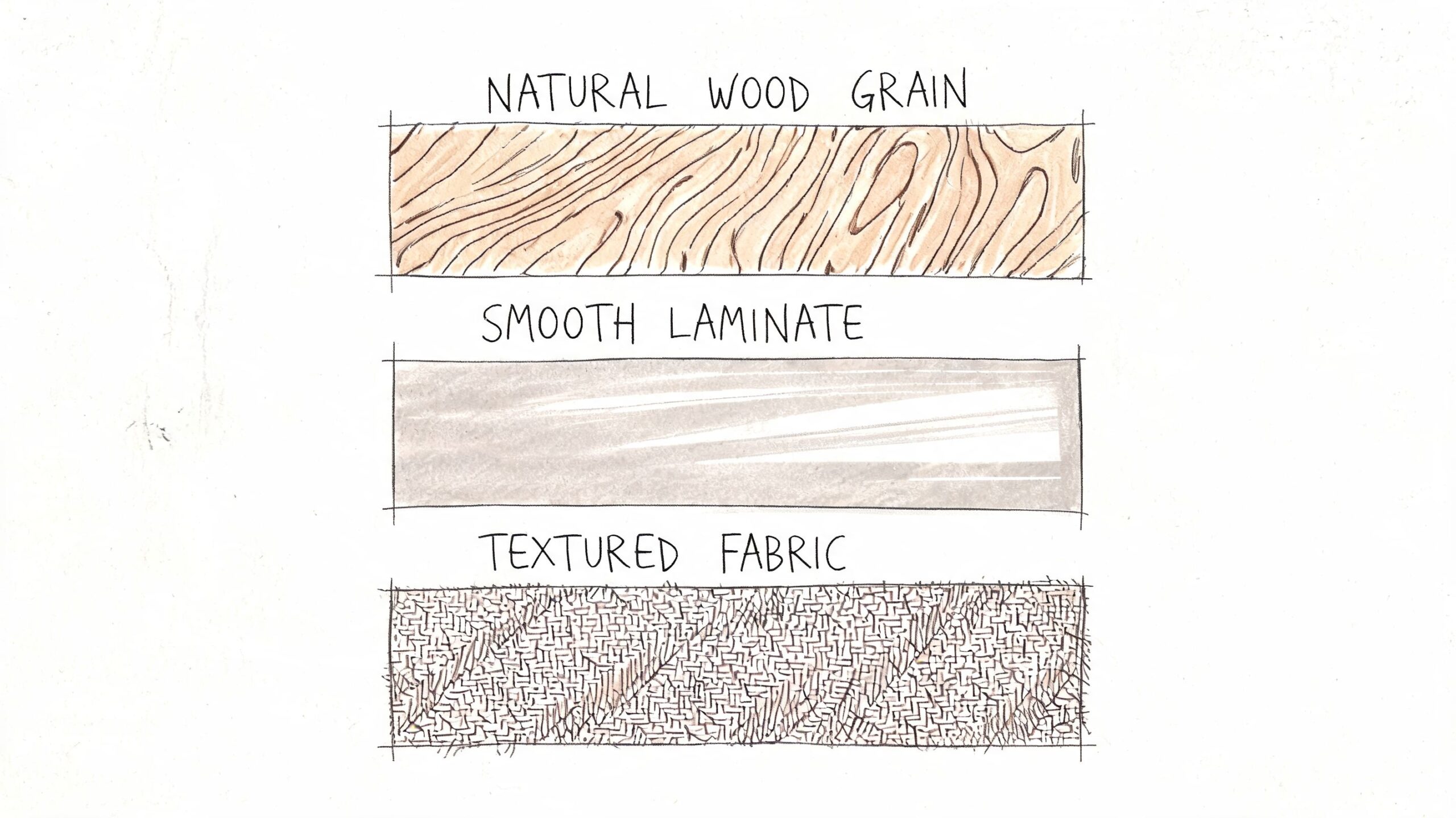 An illustration showing texture samples for natural wood grain, smooth laminate, and textured fabric materials.