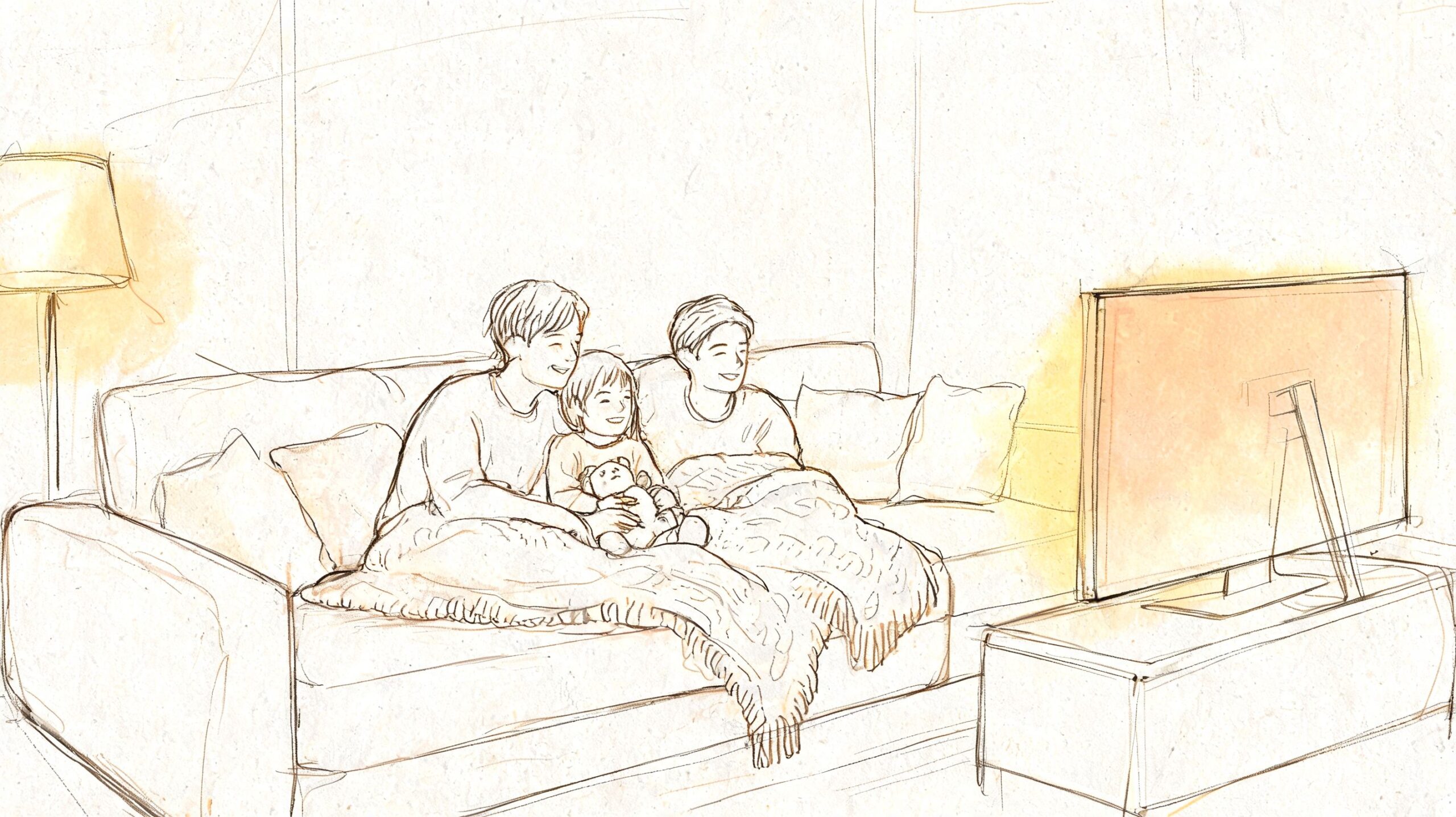 A family of three smiling as they sit together on a comfortable sofa watching television at home.