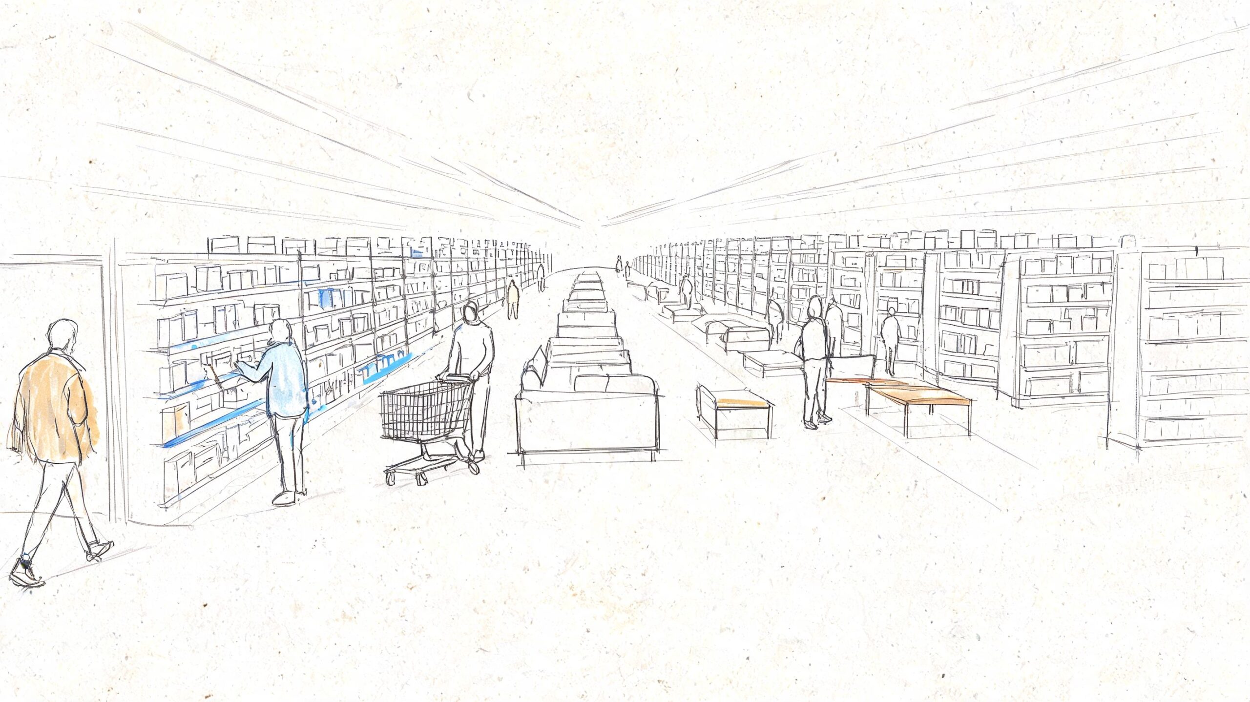 A pencil sketch of a bright store interior featuring aisles with shelves, products, and shopping customers.