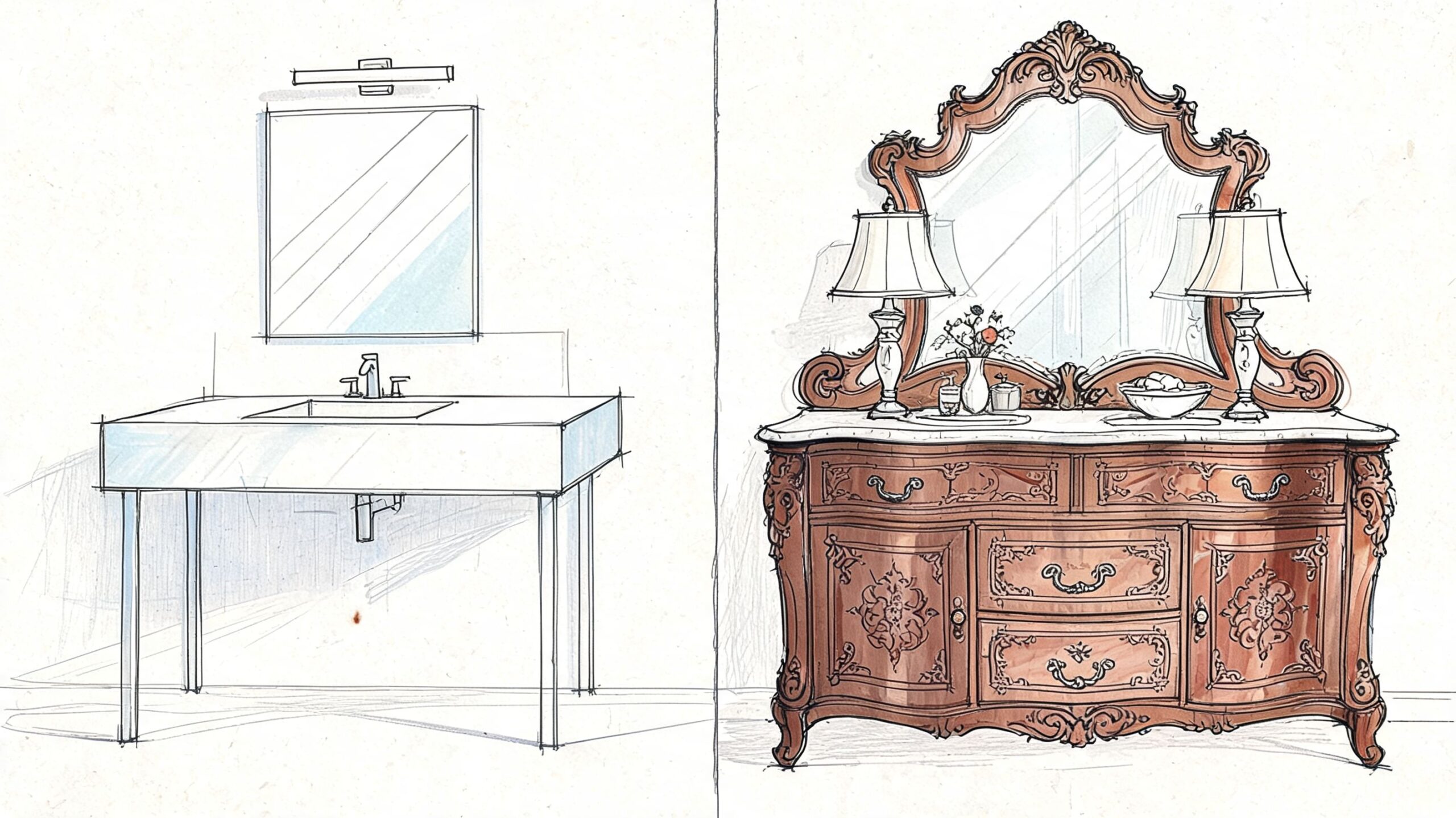A side-by-side comparison sketch of a modern minimalist bathroom vanity and an ornate vintage wooden dresser vanity.