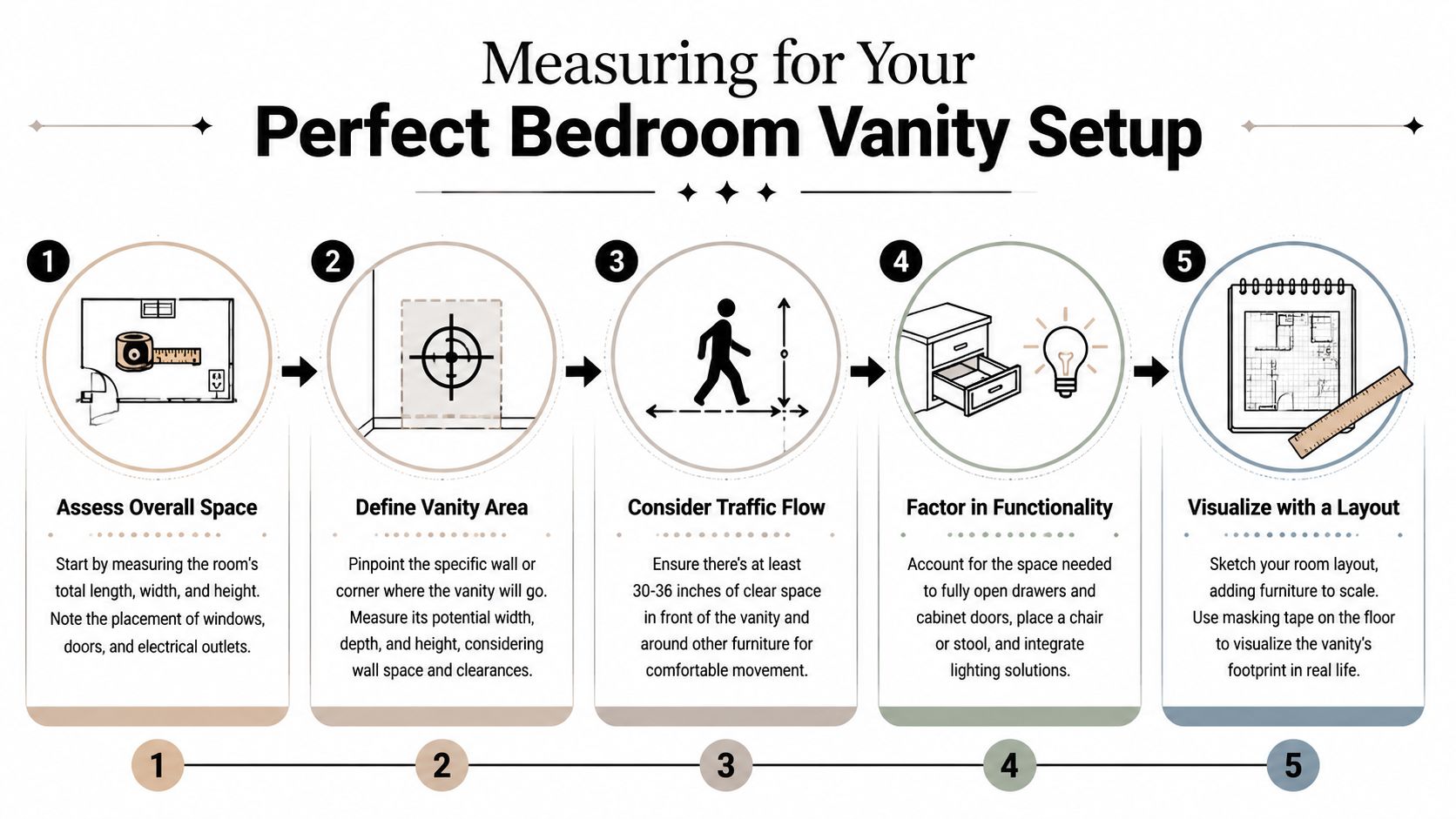 A step-by-step infographic titled Measuring for Your Perfect Bedroom Vanity Setup illustrating how to plan vanity space.