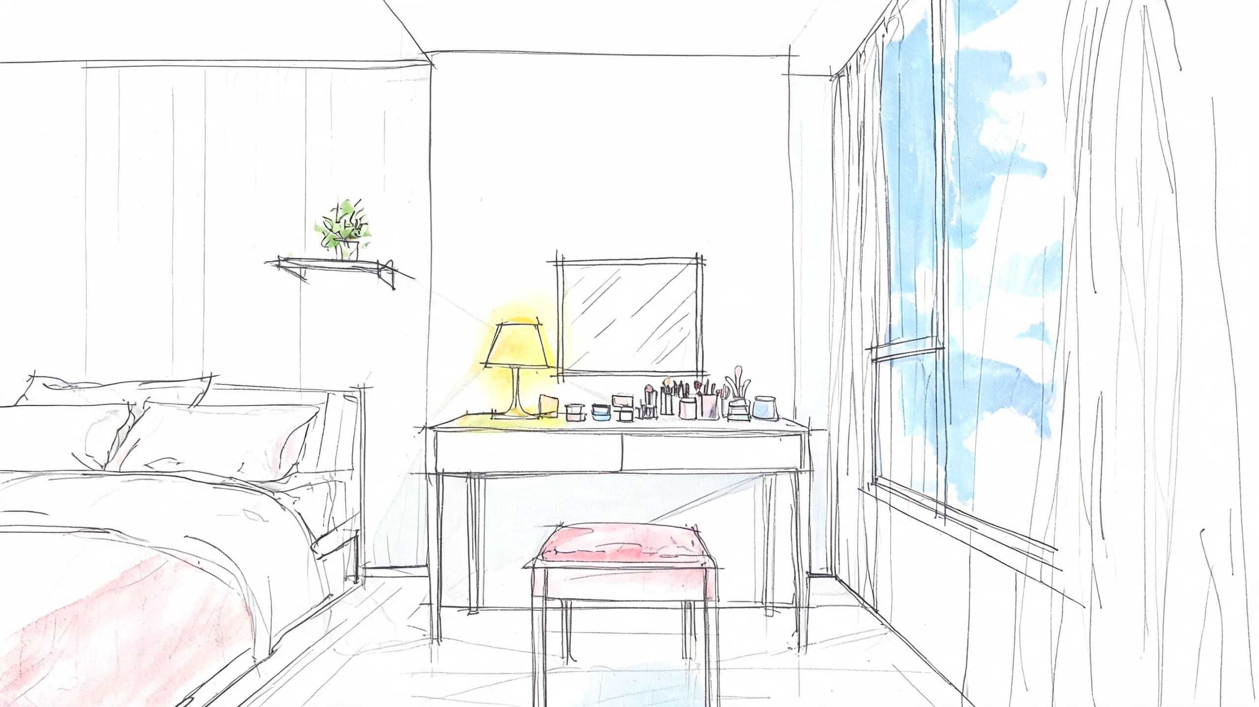 A delicate sketch of a bedroom interior featuring a comfortable bed and a vanity table with cosmetics.