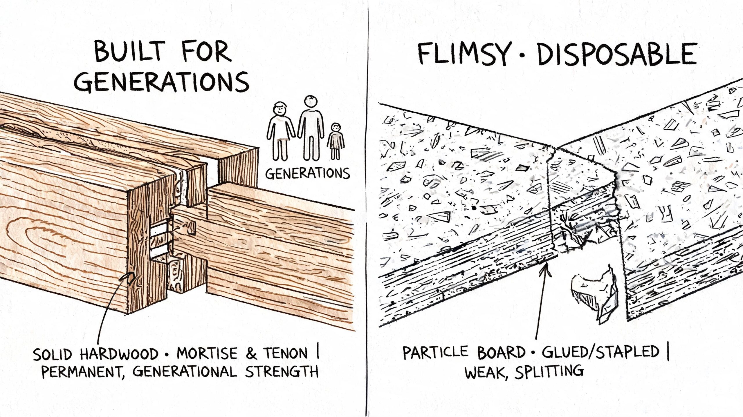 A comparison showing the durability of solid wood mortise and tenon joinery versus fragile particle board construction.