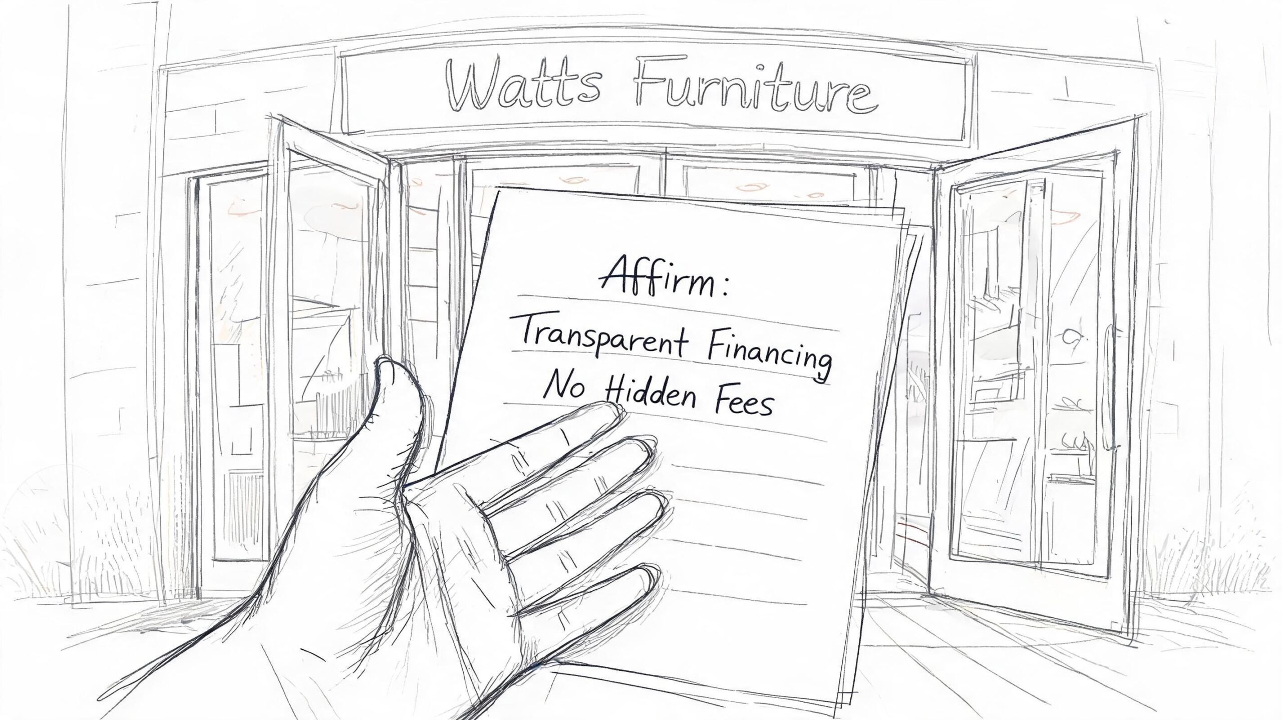 A hand holding a document in front of Watts Furniture store mentioning transparent financing and no hidden fees.