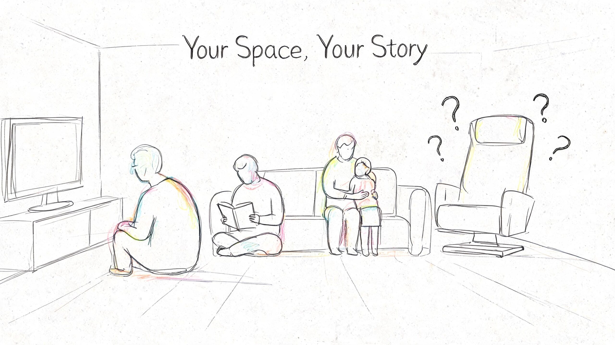 A minimalist line drawing showing a family in a living room, highlighting a question mark surrounded empty recliner.