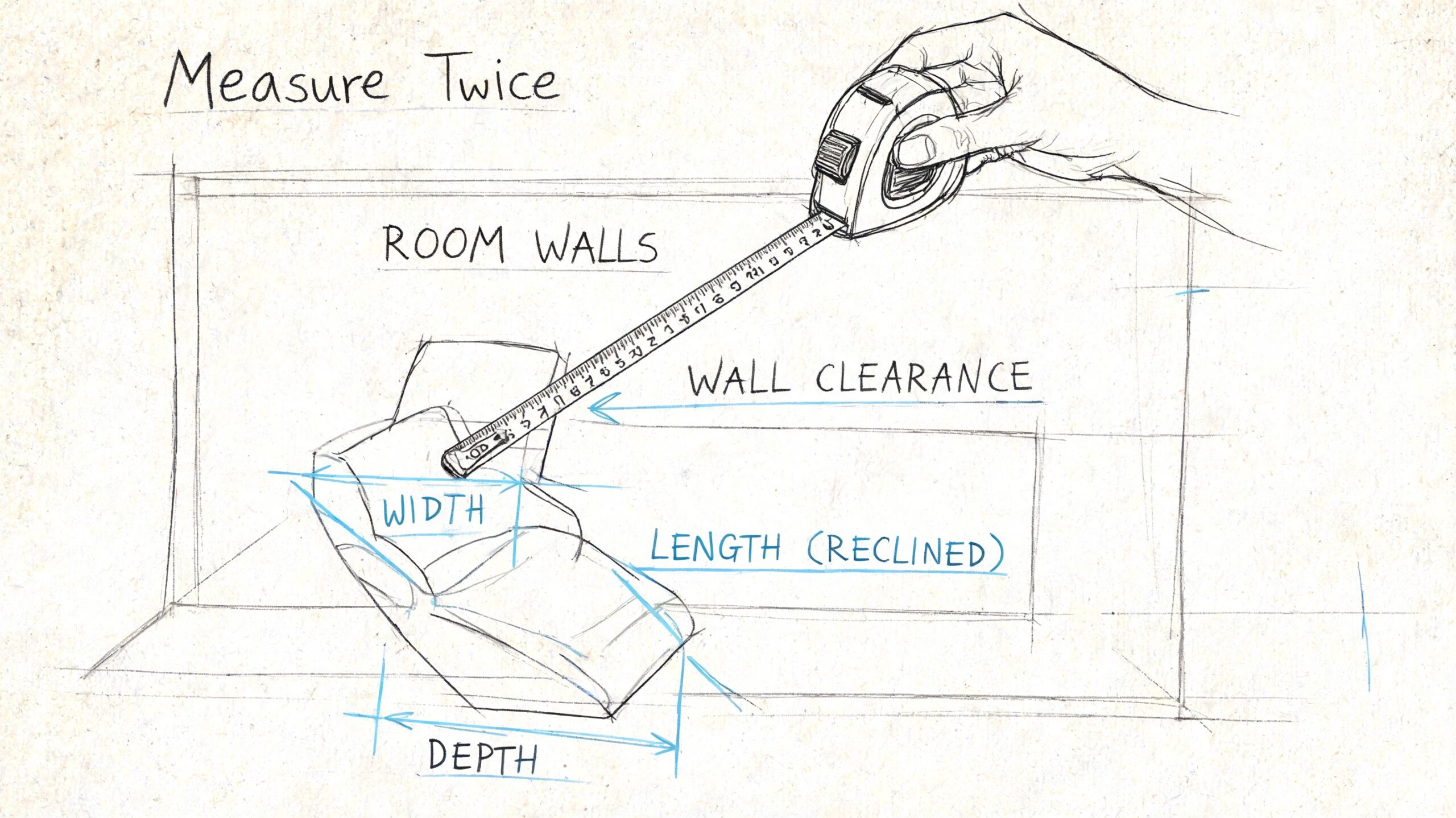 A hand holding a measuring tape to determine the room clearance and dimensions of a recliner chair.
