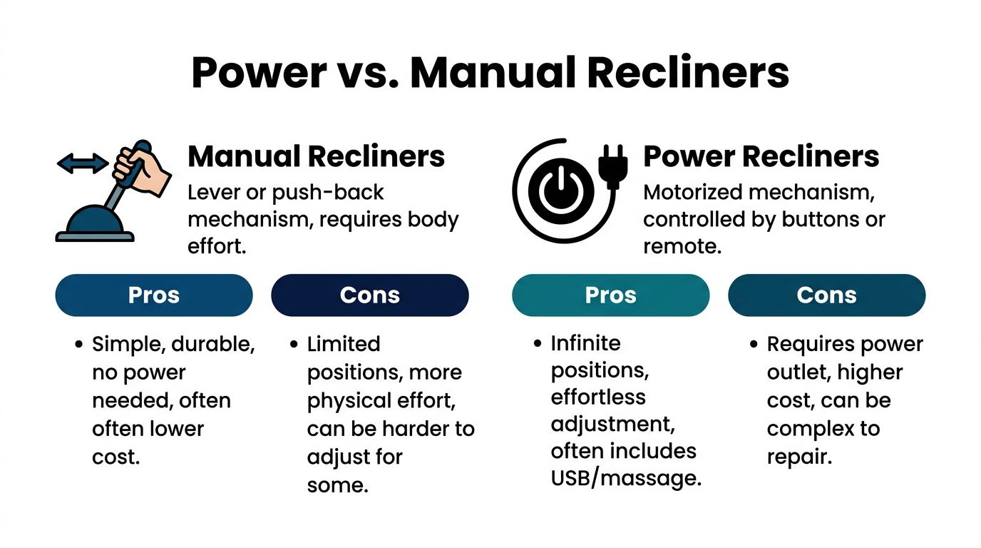 A comparison chart outlining the pros and cons of manual versus power recliner chairs.