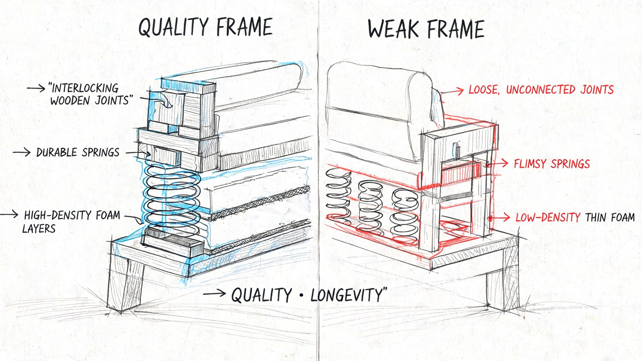 A diagram comparing the structural components of a high-quality sofa frame versus a weak sofa frame.